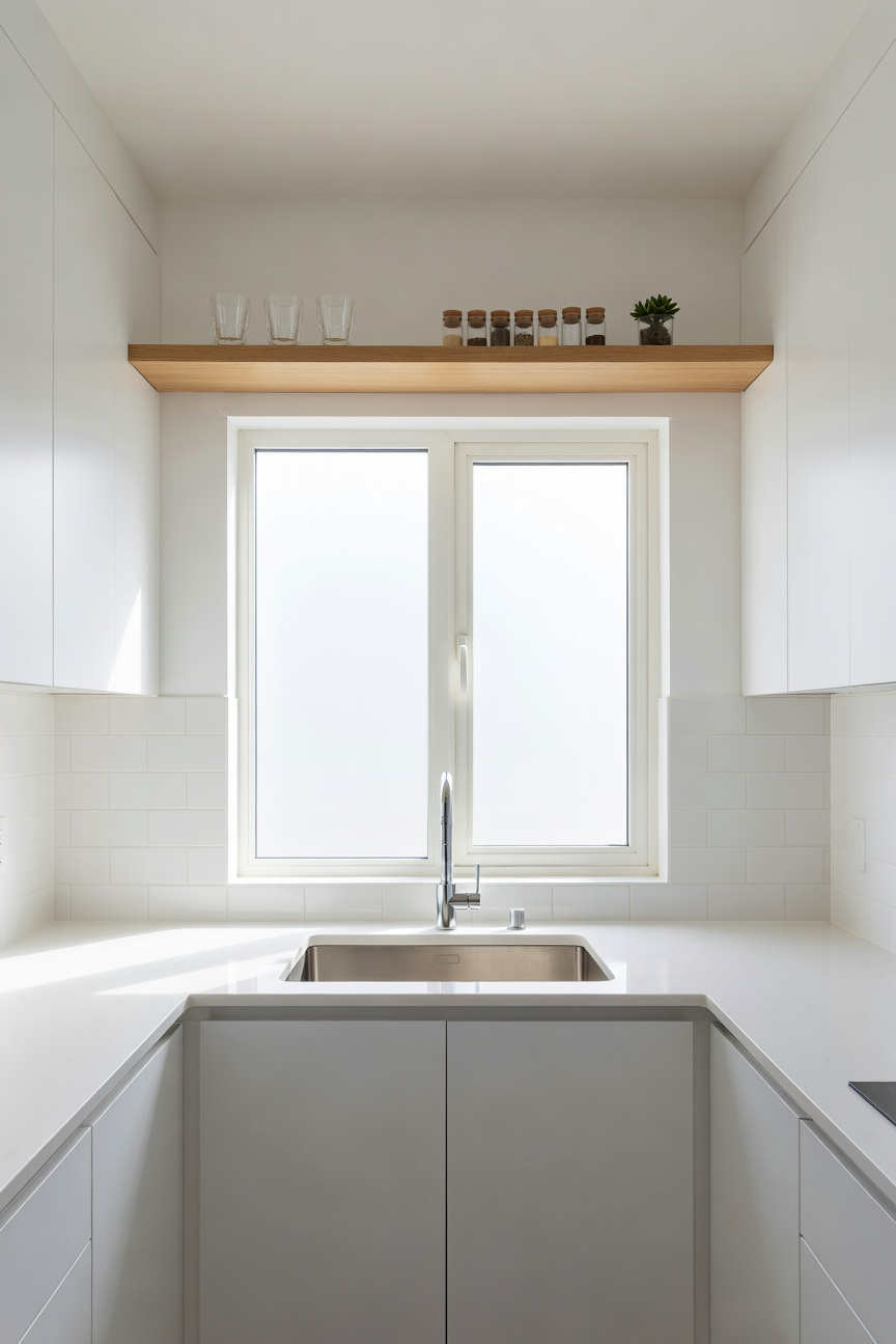 Bright galley kitchen showing a single floating shelf mounted high above the sink window, displaying transparent glassware to utilize vertical air space and maximize the room's perceived height.