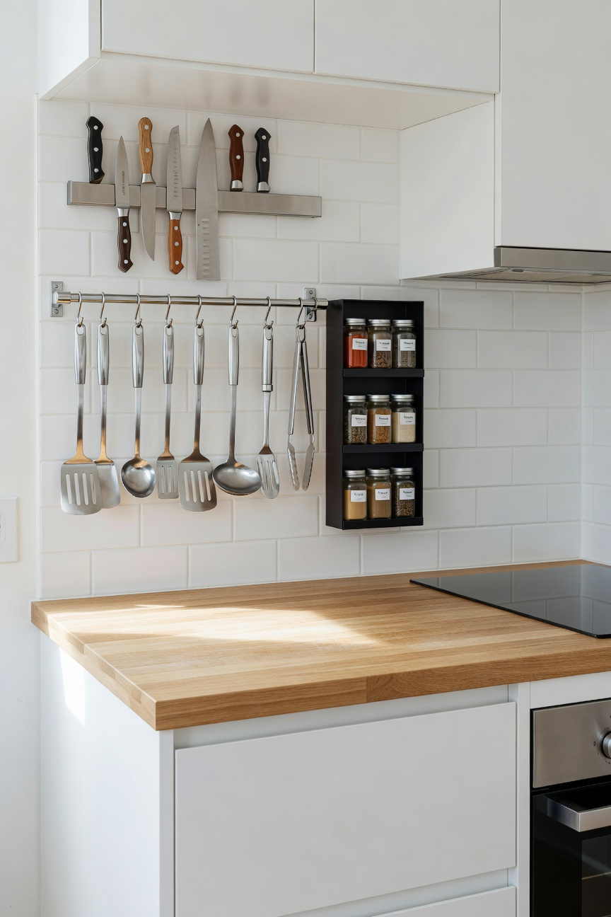 A photograph showcasing highly efficient vertical storage in a compact kitchen, featuring clear countertops, a wall-mounted utensil rail, and spice rack on a white subway tile backsplash.