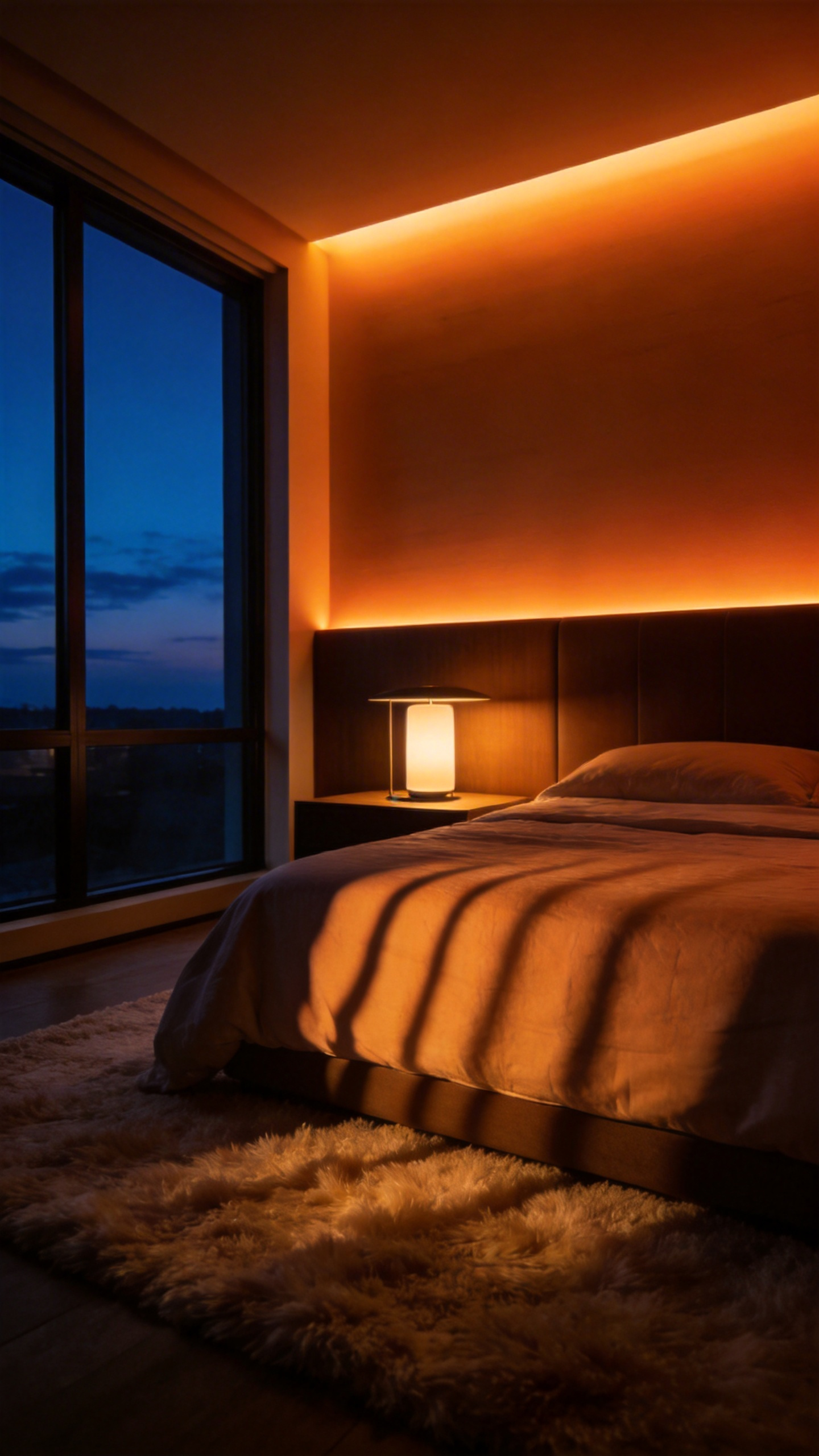A photograph of a modern bedroom during twilight, featuring smart lighting set to a "Wind Down" mode with warm, deep amber illumination focused on relaxation and circadian transition.