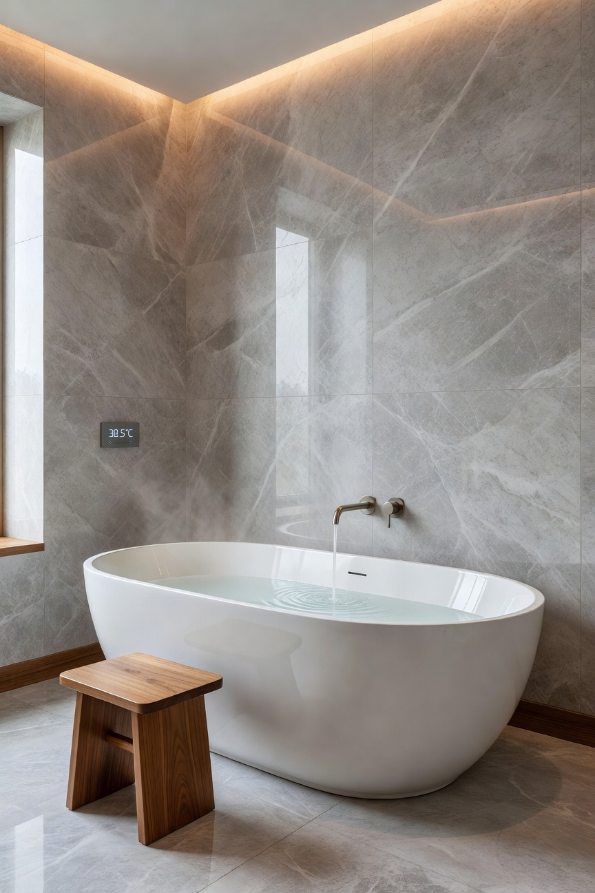 A sleek modern freestanding bathtub automatically filling with water managed by an electronic digital thermostatic control system in a sophisticated marble bathroom.