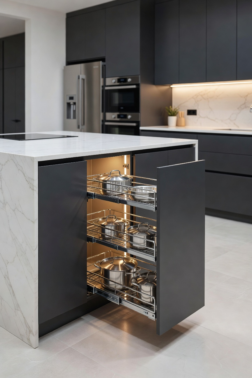 A modern soft U-shape kitchen layout featuring deep charcoal cabinets and a white quartz countertop, showing an advanced chrome pull-out corner storage system extended to demonstrate maximum utilization of storage space.