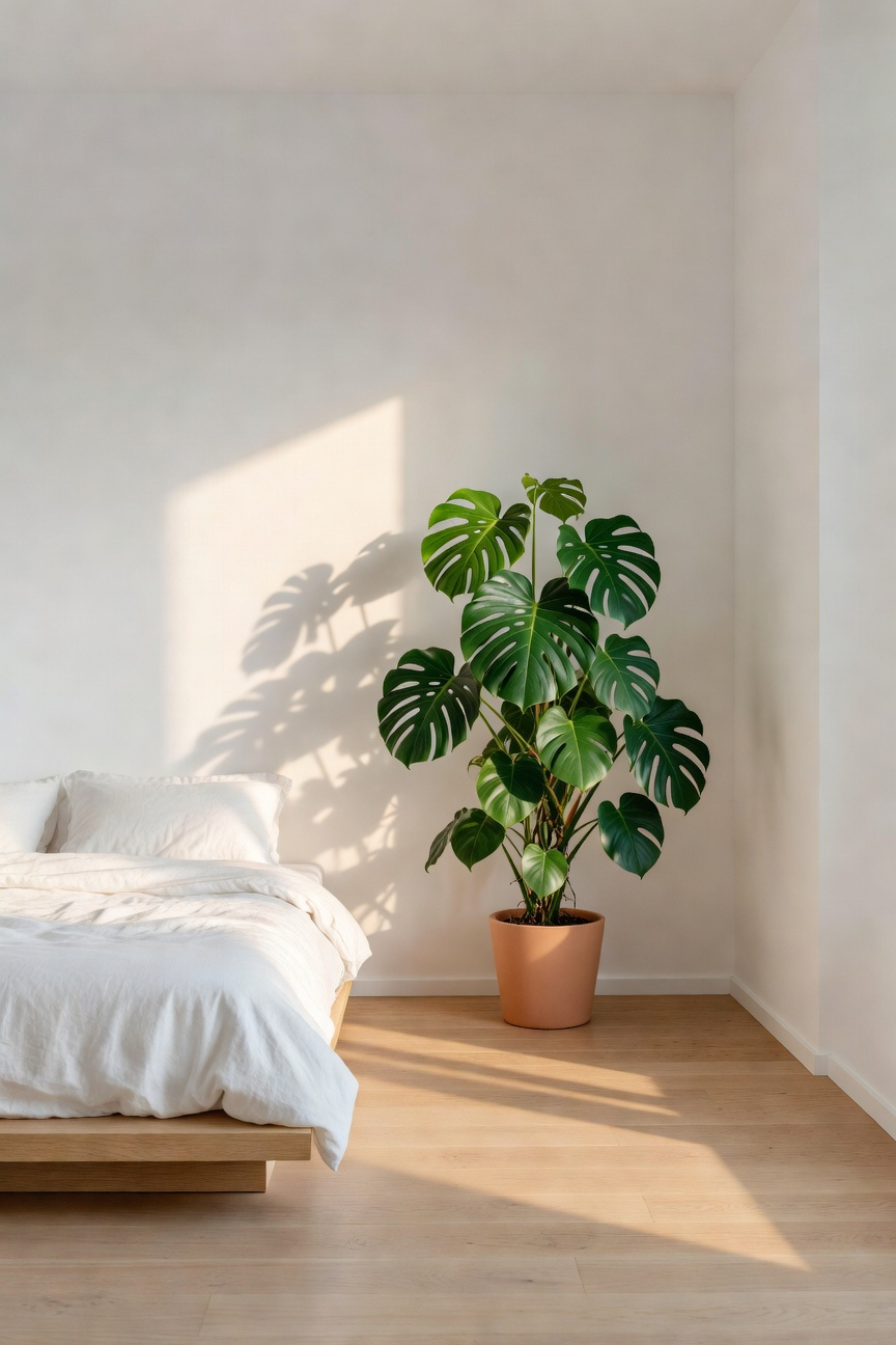 A solitary Monstera Deliciosa plant stands in a bright, hyper-minimalist white bedroom, serving as the only green accent to promote mental restoration and soft fascination.