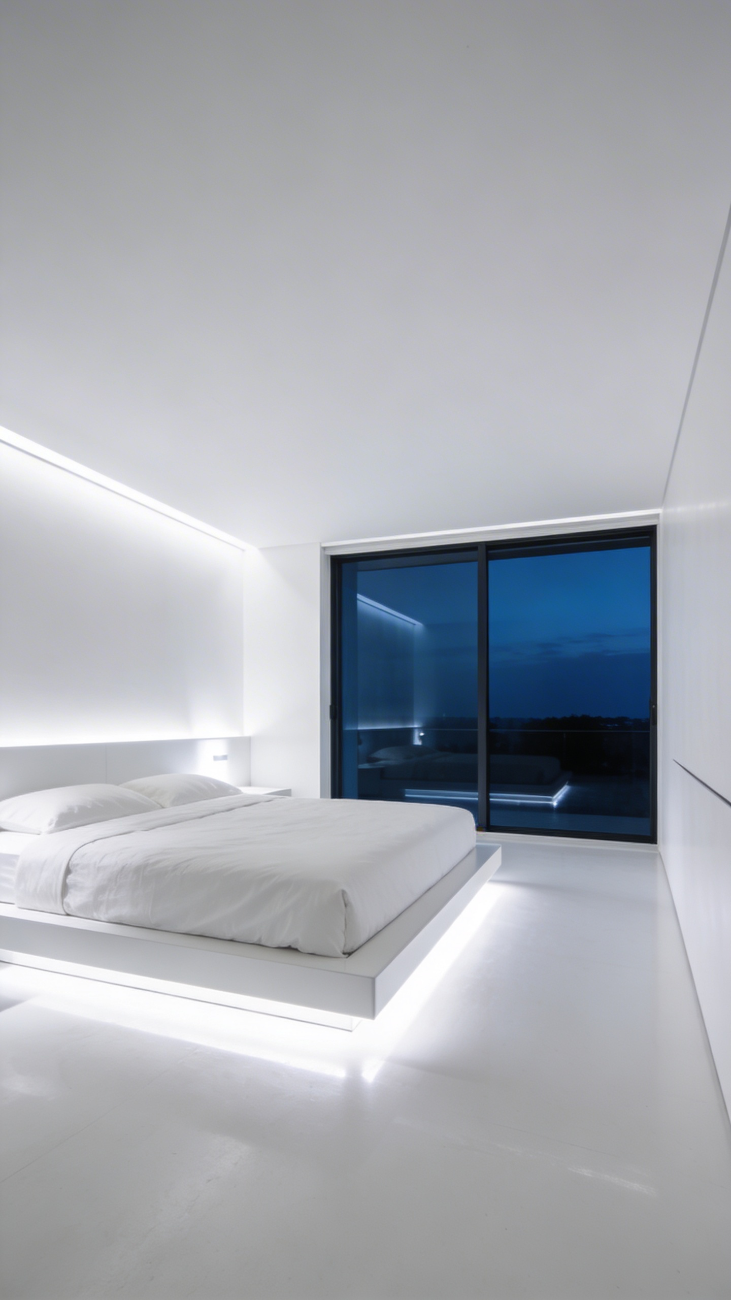 A minimalist modern bedroom with stark white walls reflecting bright light, illustrating the high light reflectance value that can disrupt sleep.