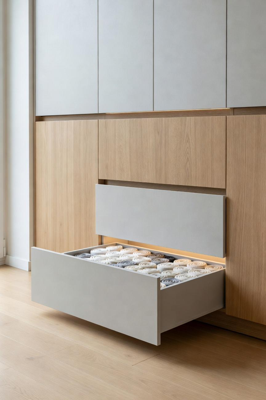 Low-angle shot showing a modern kitchen base cabinet with an innovative toe-kick drawer partially open, illustrating reclaimed dead volume storage space.