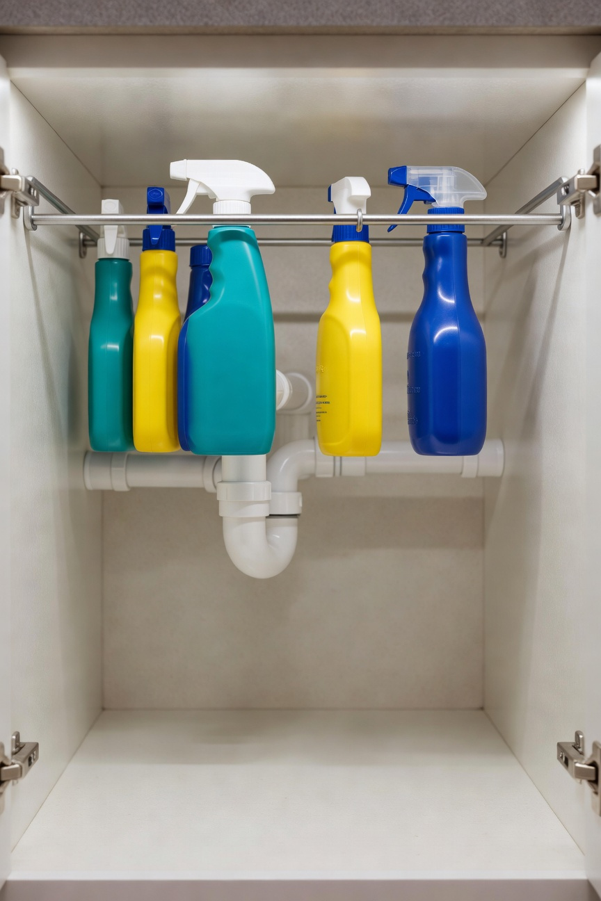 A view inside a small kitchen sink cabinet showing a chrome tension rod installed high up, used to vertically suspend spray bottles by their triggers, maximizing space above the drainage pipes for efficient small kitchen storage.