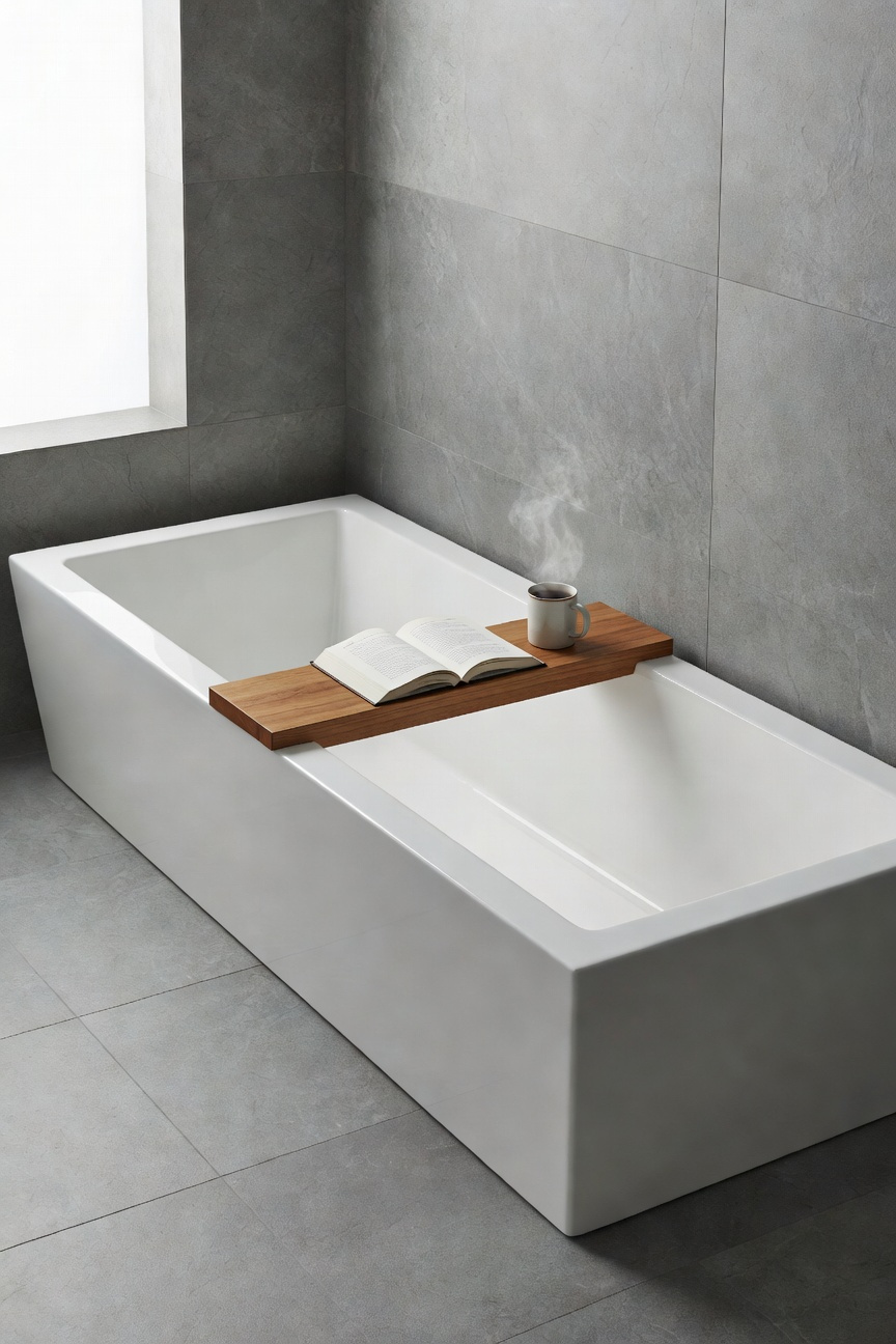 Modern rectangular shower-tub combination with a steep backrest optimized for 15 to 20 degree upright posture, emphasizing internal geometry, legroom, and reading functionality in a high-key natural light bathroom.