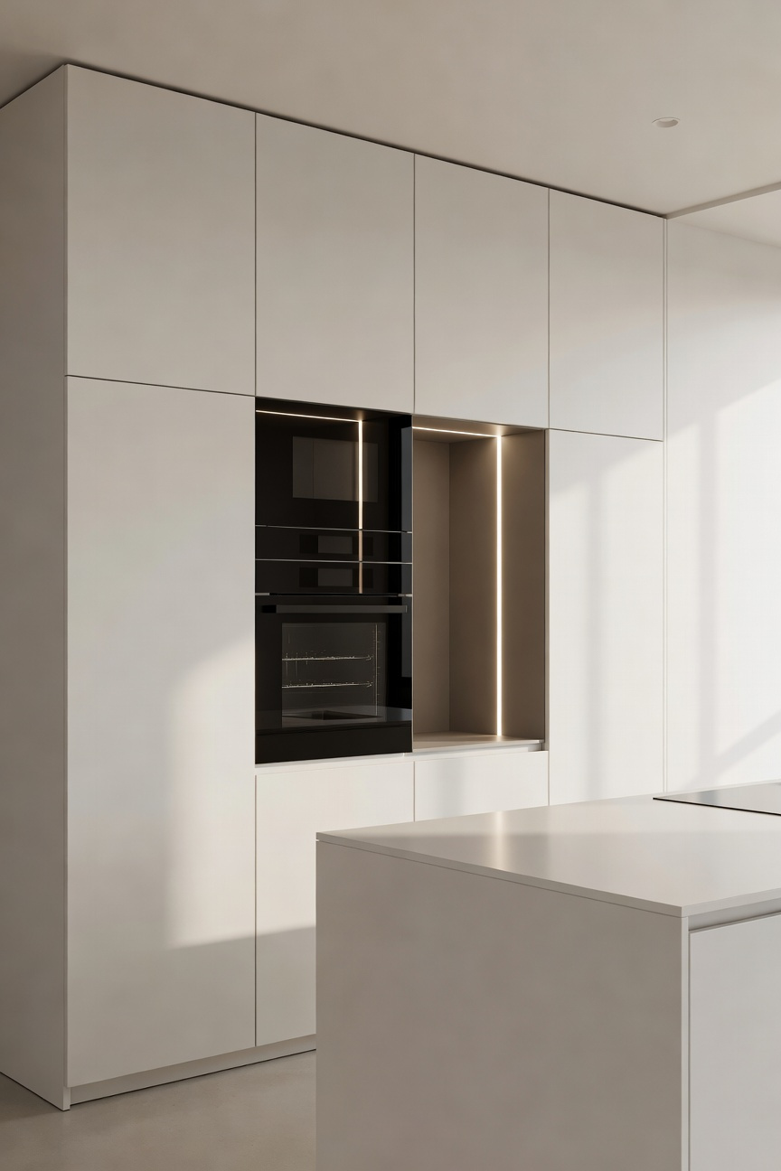 A bright, modern kitchen featuring vertical zoning; a tall wall of seamless matte white cabinets incorporates an eye-level built-in oven and integrated appliance storage, forming a unified architectural block.