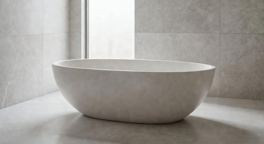 A photograph of a sleek, modern, freestanding bathtub made of volcanic limestone composite material set in a minimalist luxury bathroom with bright natural light.