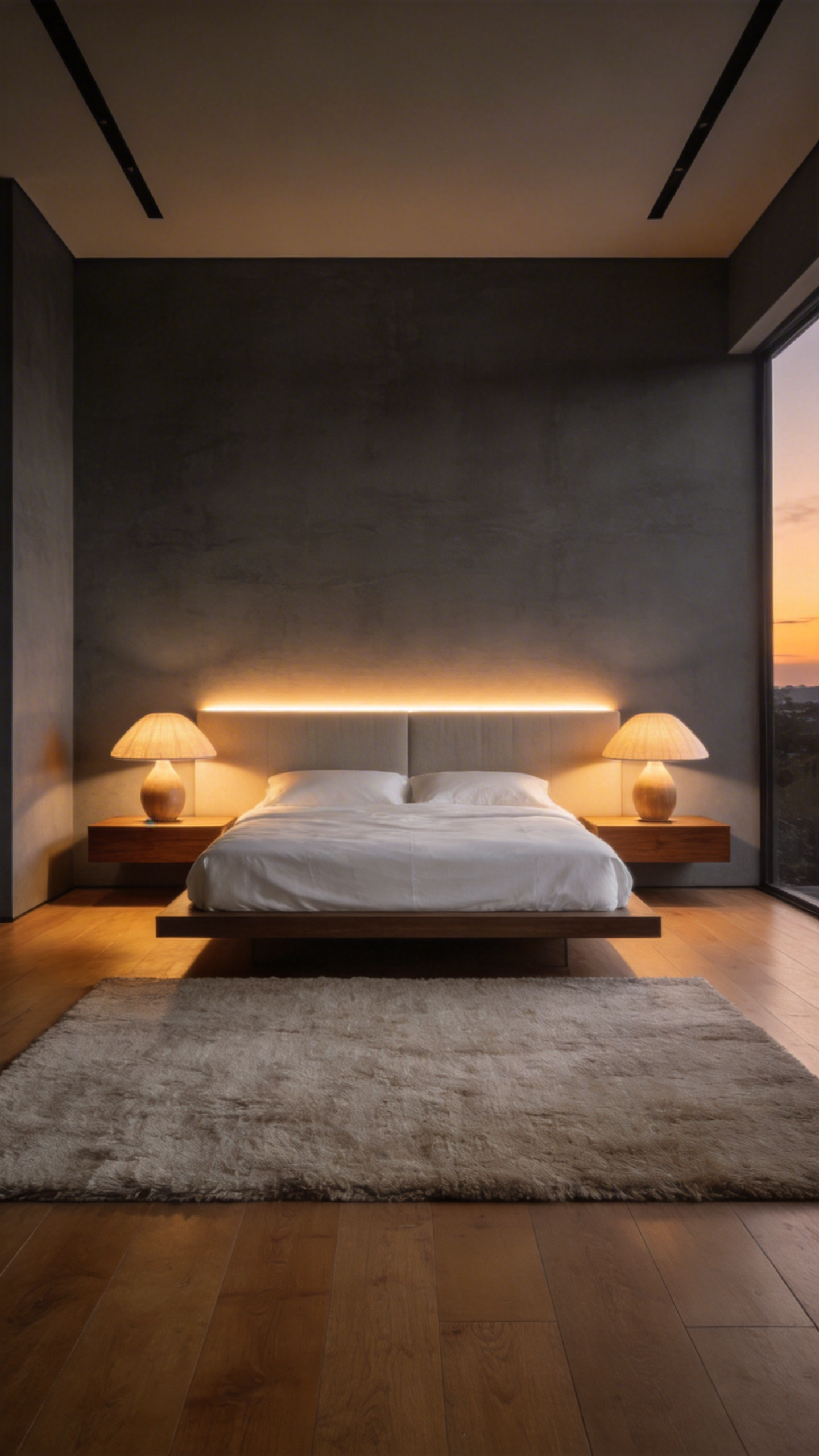 A photograph of a warm, minimalist master bedroom illuminated by soft, 2700K Kelvin temperature lighting from bedside lamps and a hidden headboard strip, emphasizing lighting choices that support healthy sleep cycles.