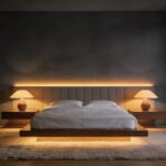 A photograph of a warm, minimalist master bedroom illuminated by soft, 2700K Kelvin temperature lighting from bedside lamps and a hidden headboard strip, emphasizing lighting choices that support healthy sleep cycles.