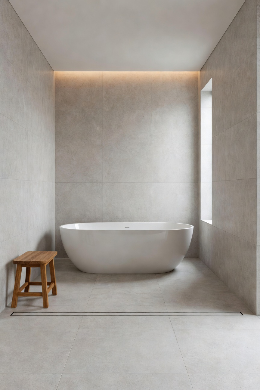A photograph of a modern, universally designed wet room where a white freestanding soaking bathtub is integrated inside a spacious zero-threshold shower zone, featuring seamless light gray tiling and natural daylight, demonstrating maximum accessibility.