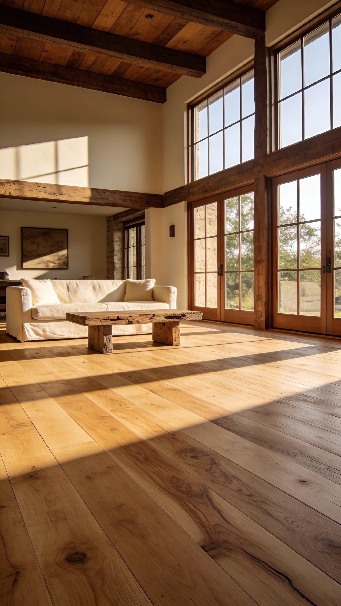 A bright rustic living room featuring wide-plank oak flooring and minimal furniture illuminated by natural light.