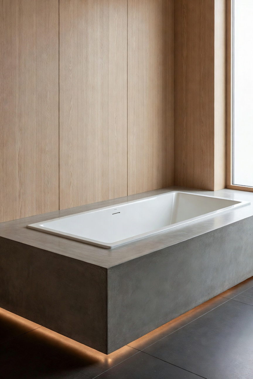 Architectural image showing a drop-in bathtub integrated into a substantial, wide structural deck made of gray polished concrete, emphasizing weight-bearing safety and transfer space.
