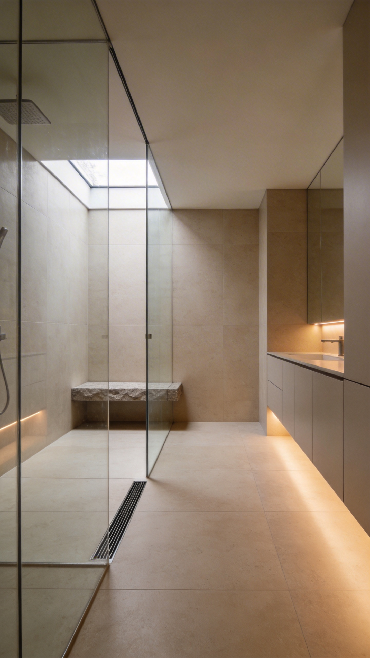 High-end bathroom interior featuring a curbless walk-in shower with continuous large-format floor tiles and minimalist glass walls.