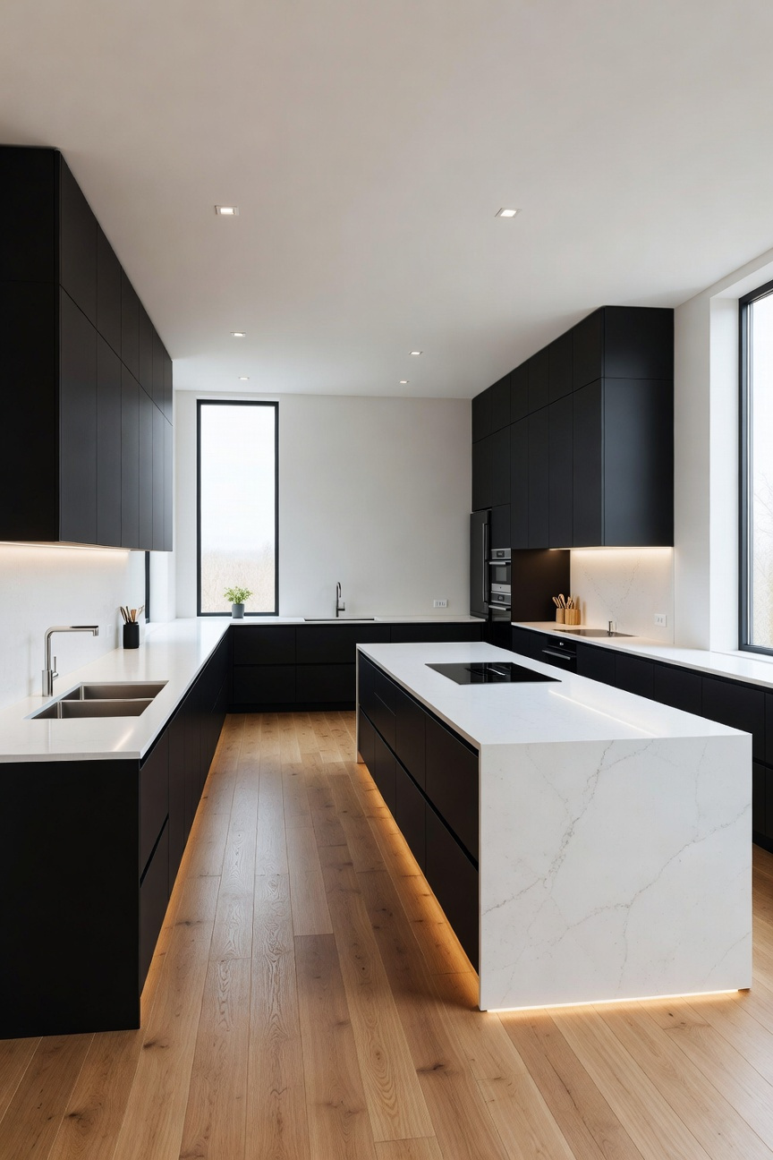 Panoramic view of a sleek, black and white Micro-Zoned modern kitchen layout emphasizing efficiency over the traditional Work Triangle.