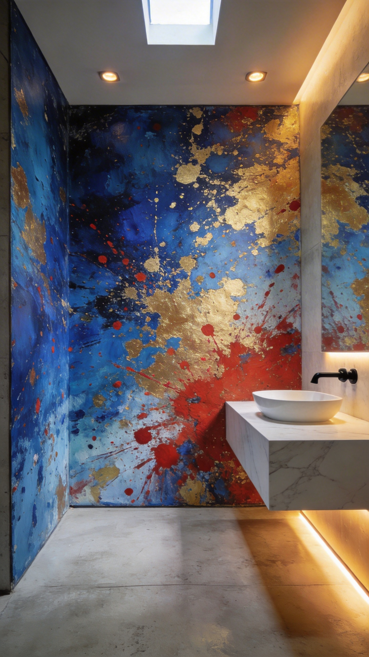 A small modern bathroom featuring a large-scale vibrant abstract expressionist painting on the wall to create a sense of depth and space.