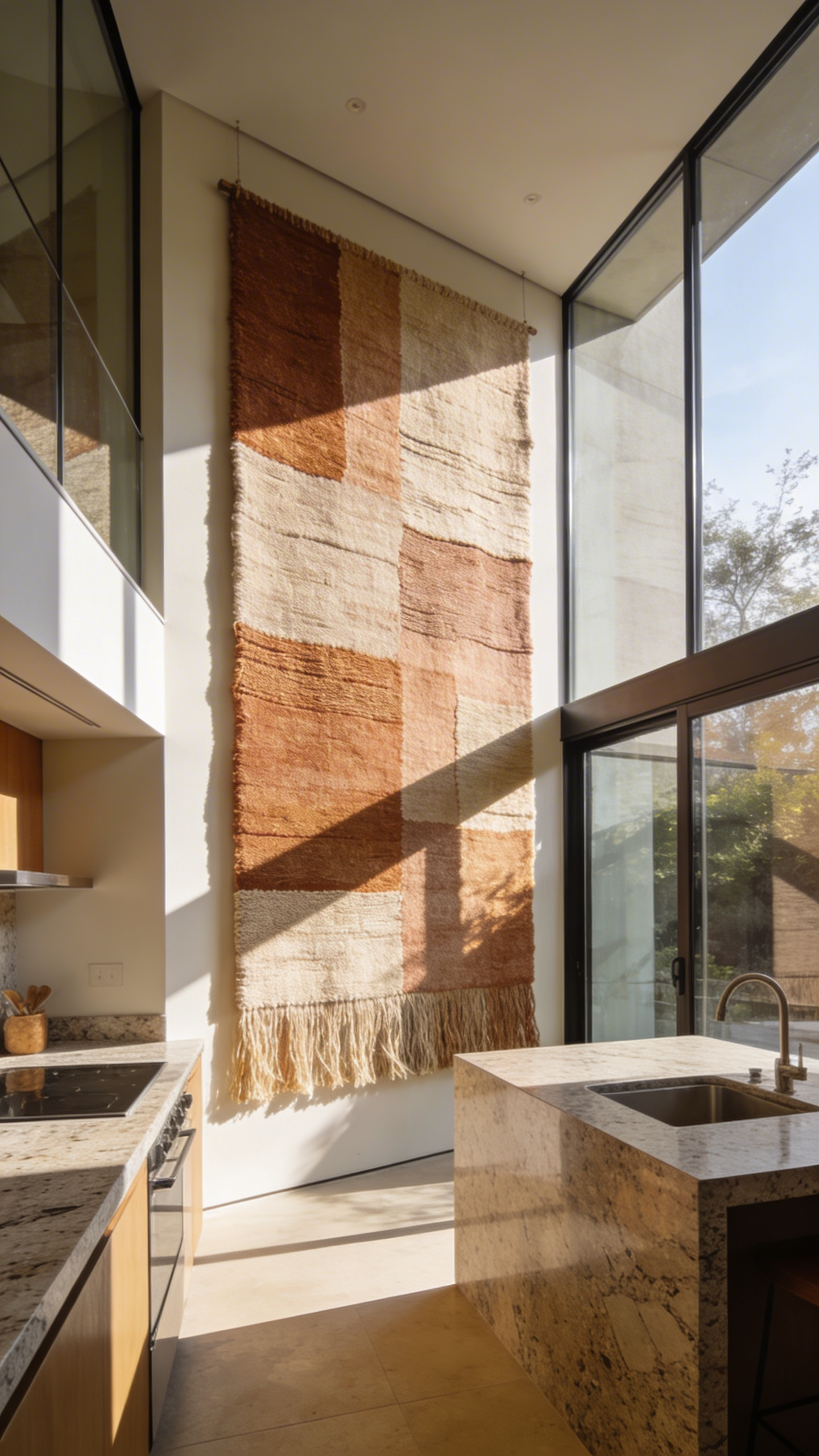 A modern kitchen with white cabinetry and granite islands featuring a large textured fabric wall hanging to improve acoustics.