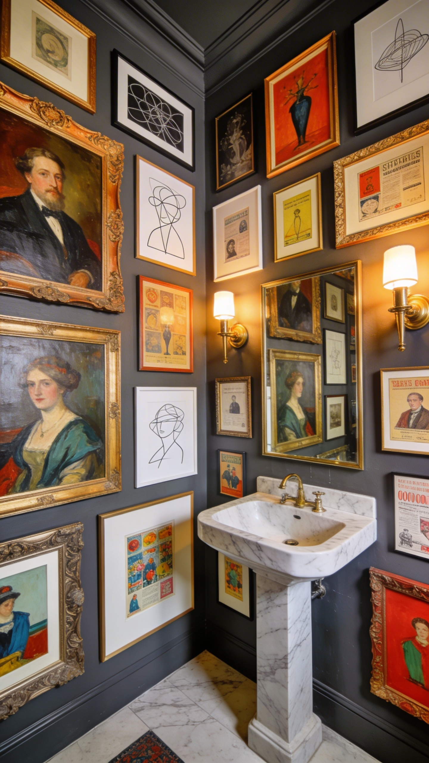 A vibrant powder room with a dense asymmetrical gallery wall featuring diverse art frames above a marble sink.