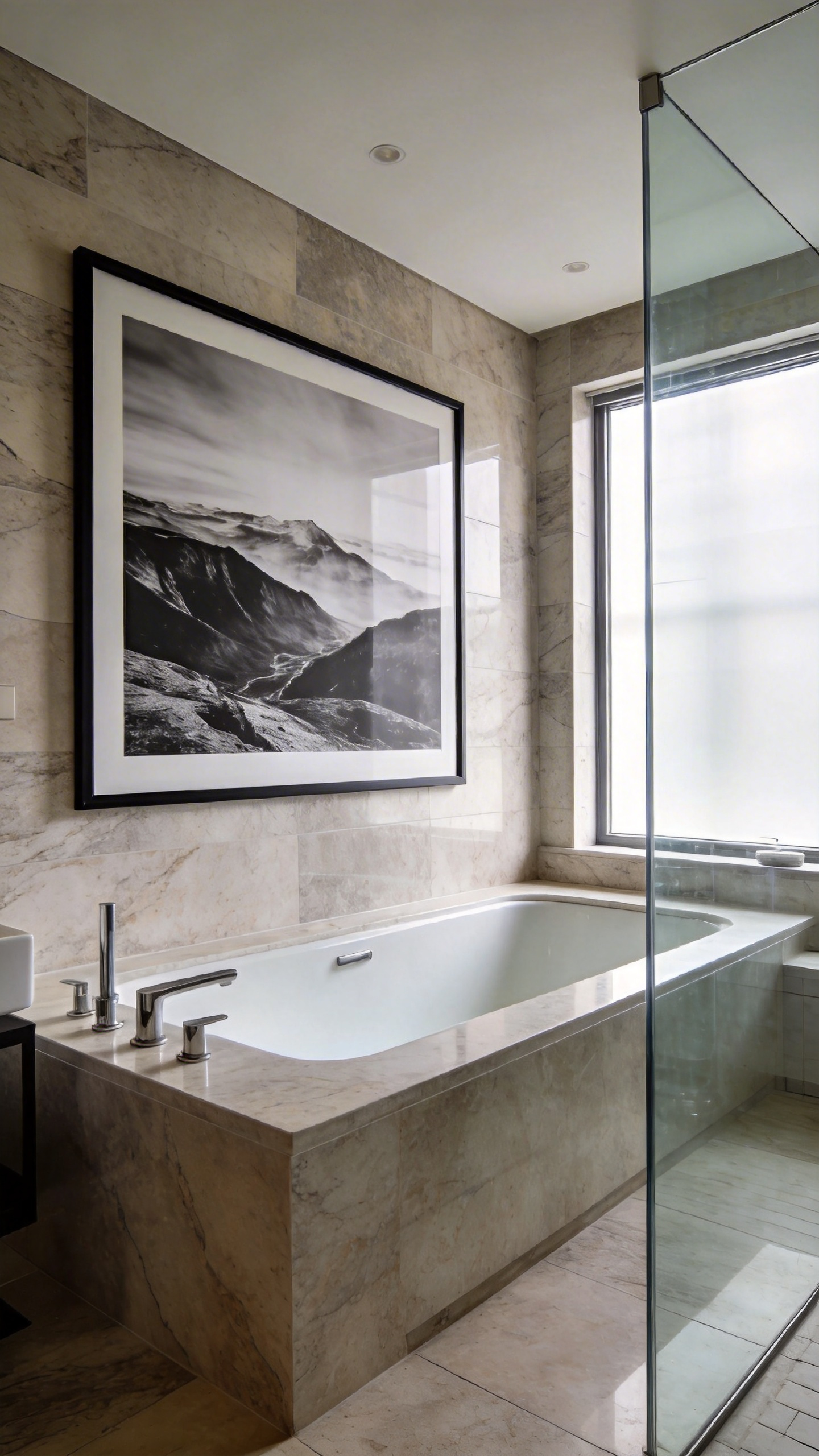A modern luxury bathroom with a large framed black and white photograph displayed on a marble wall above a white soaking tub.