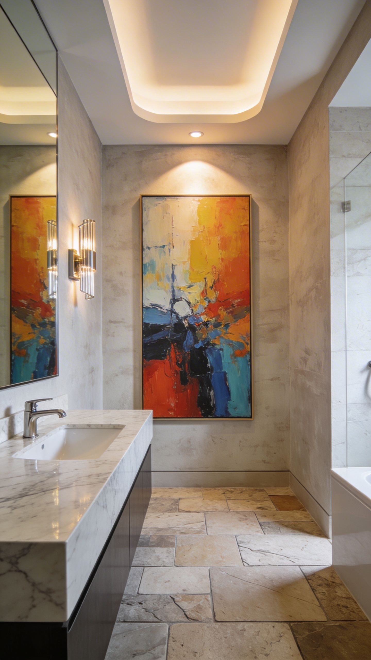 A luxurious bathroom featuring a large piece of abstract wall art perfectly scaled to the architectural space above a stone vanity.