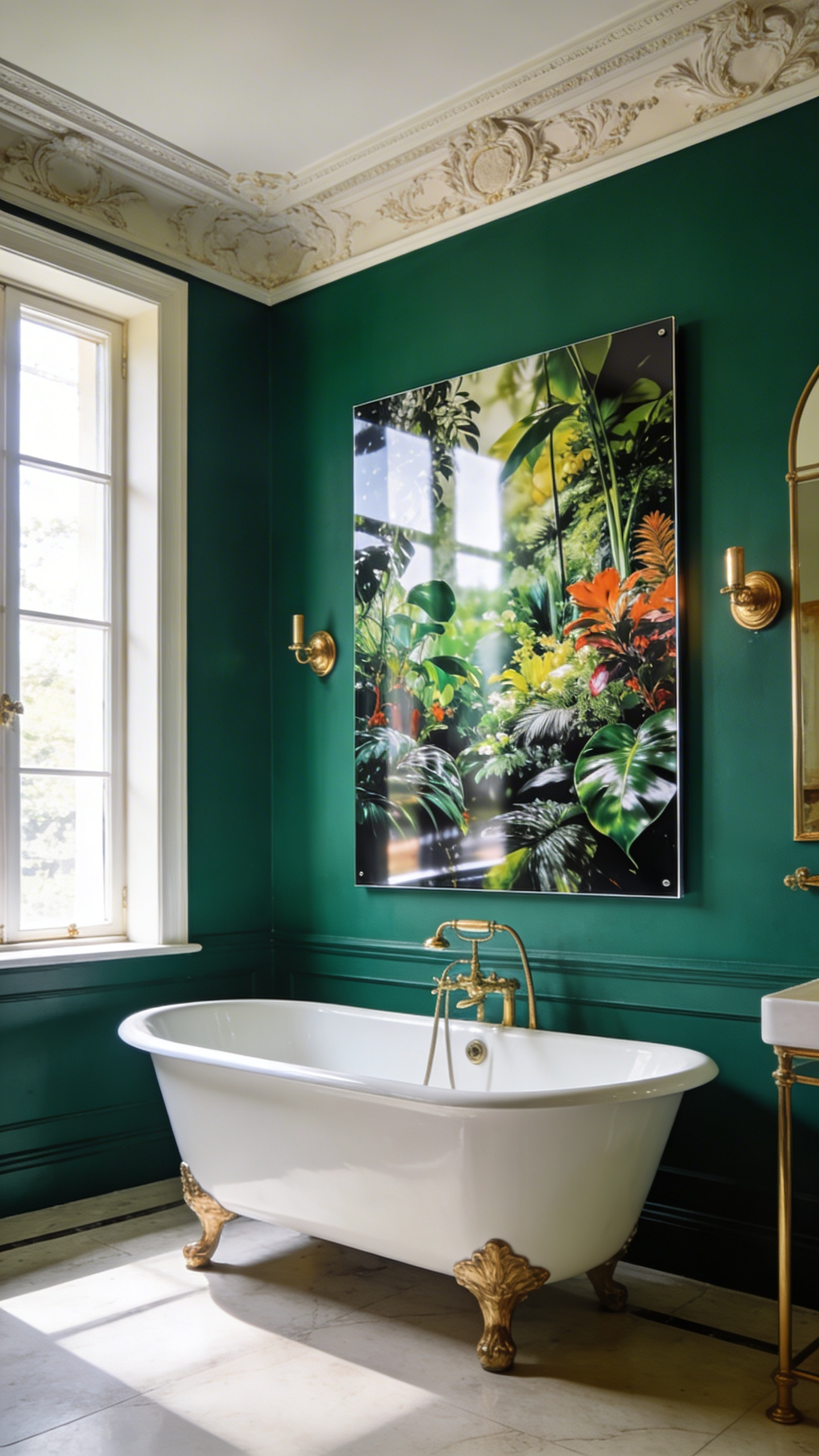 A modern luxury bathroom with a Victorian clawfoot tub and a waterproof metal art print on an emerald green wall.