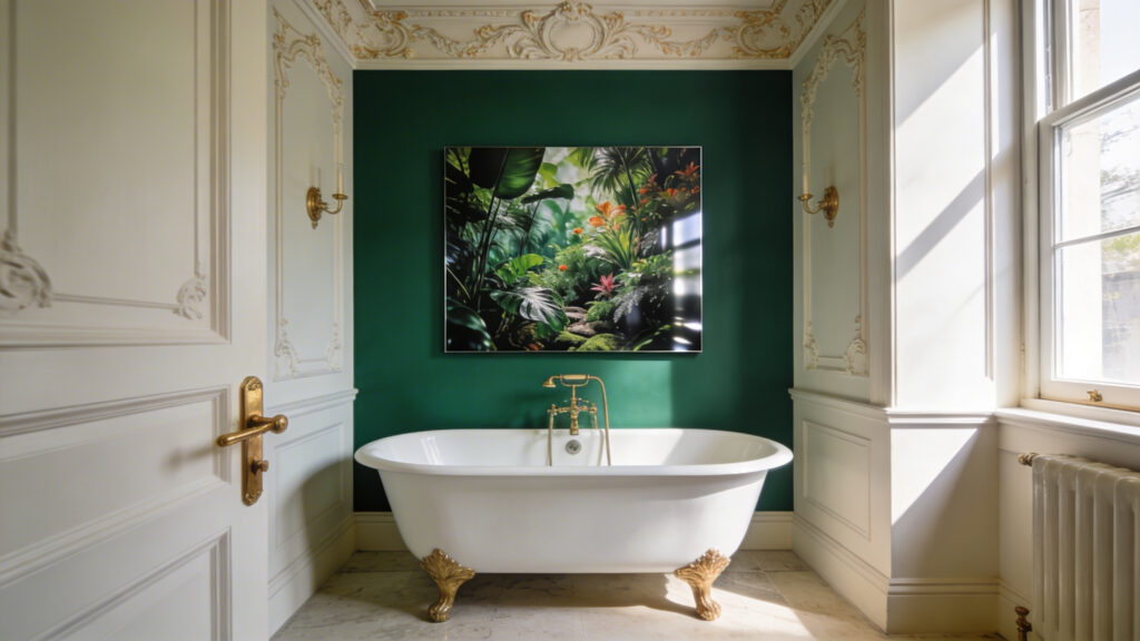 A modern luxury bathroom with a Victorian clawfoot tub and a waterproof metal art print on an emerald green wall.