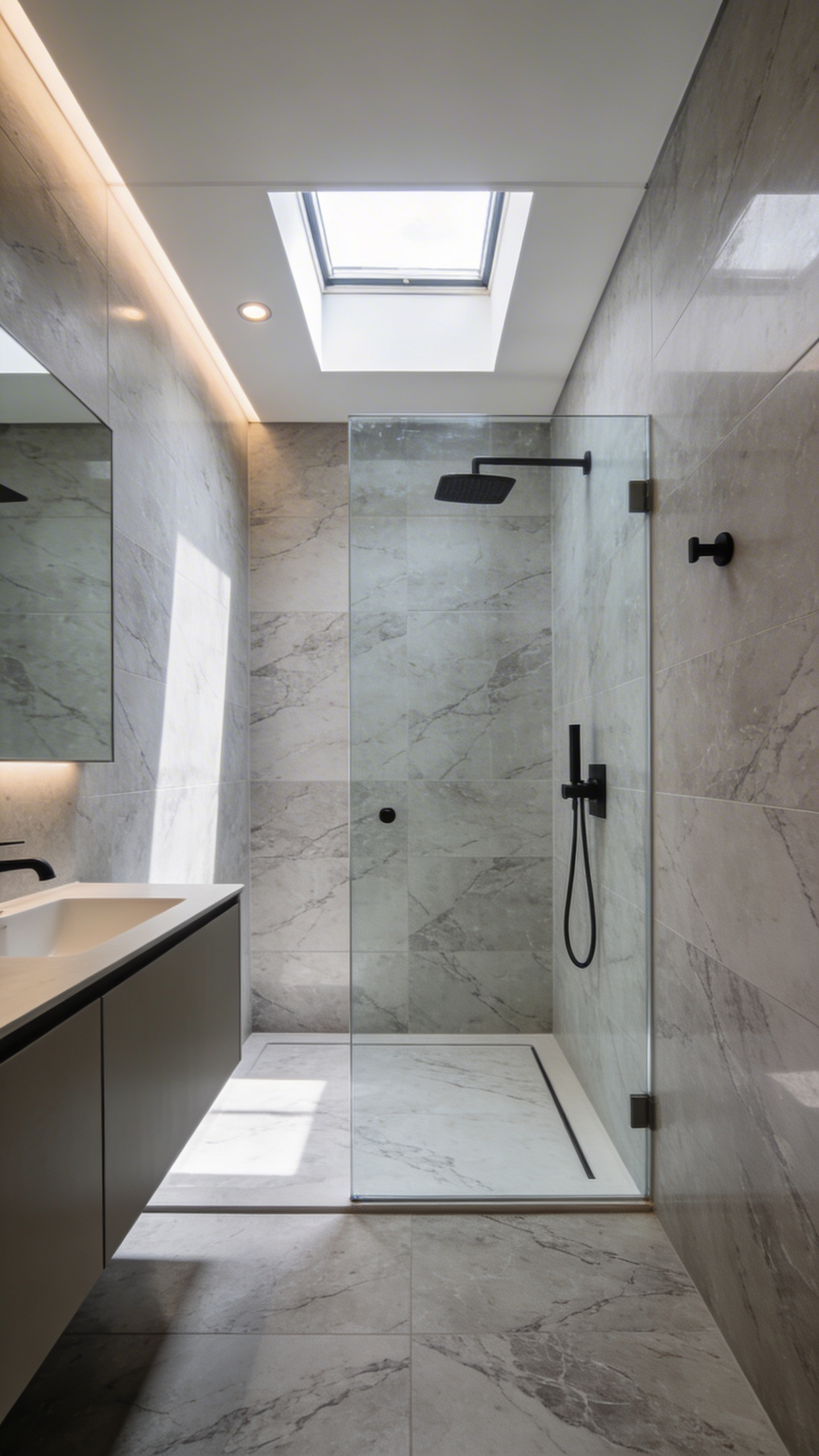 A modern small bathroom design featuring a curbless shower with seamless tile flooring and a frameless glass wall to create an illusion of more space.
