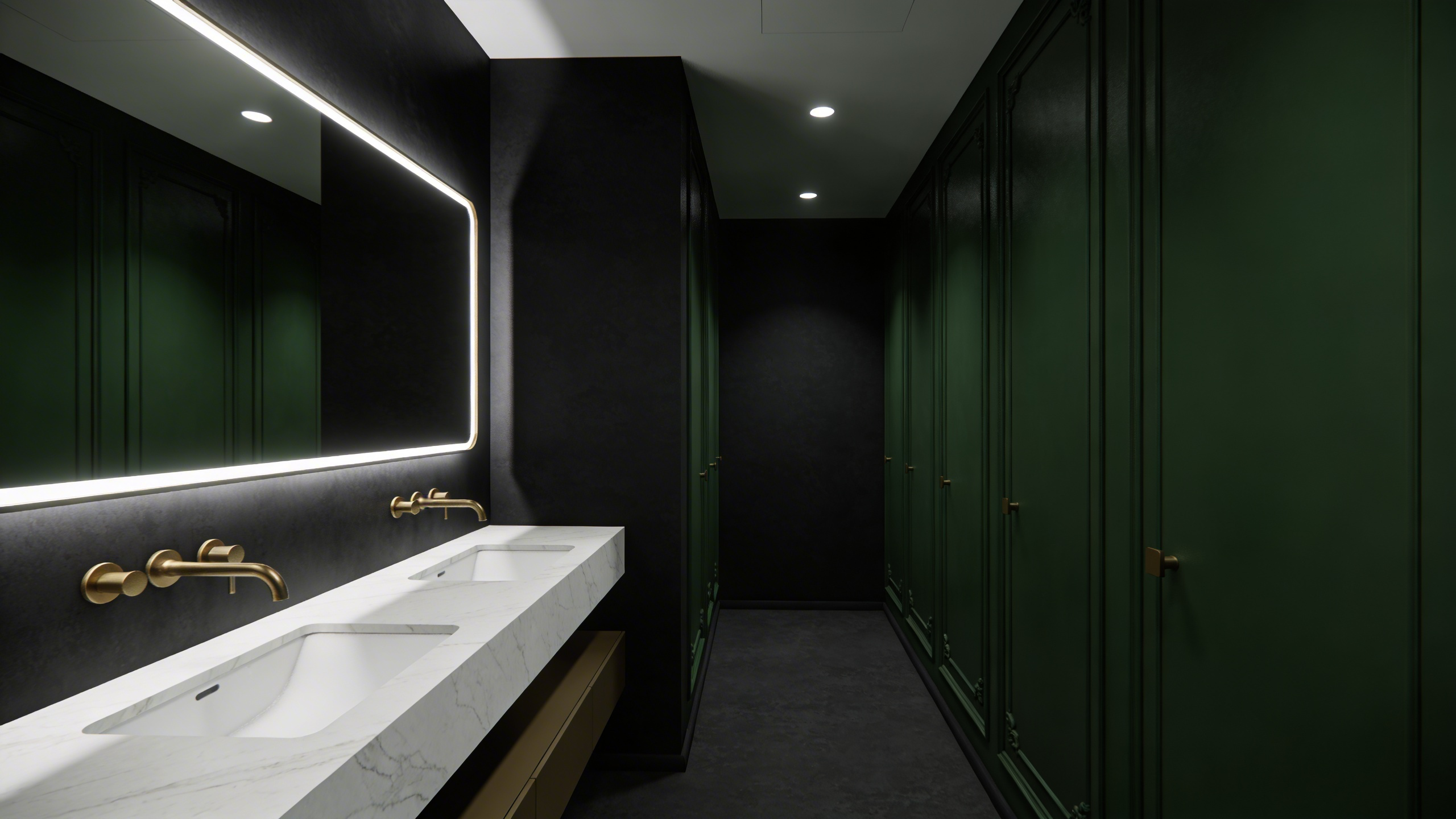 A small modern bathroom with dark charcoal walls and forest green accents demonstrating the receding wall effect for added depth.