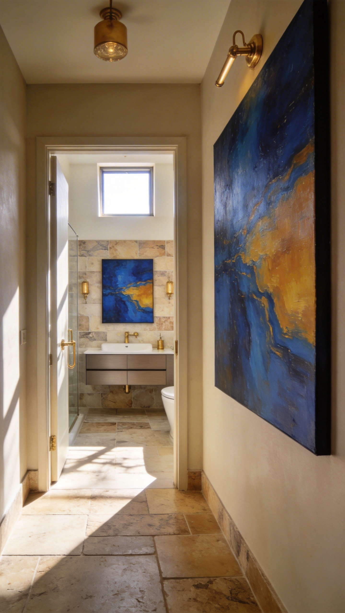 A wide-angle view of a modern home hallway leading into a bathroom, featuring cohesive abstract art pieces that link the two spaces together.
