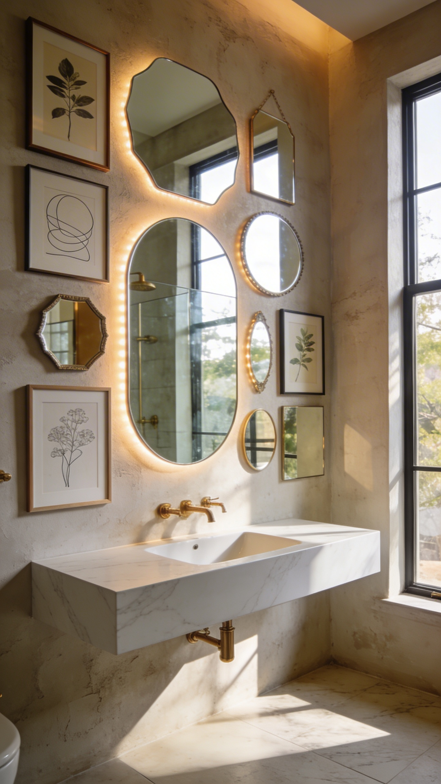 A designer bathroom wall featuring a gallery-style arrangement of diverse mirrors and framed artwork above a marble vanity.