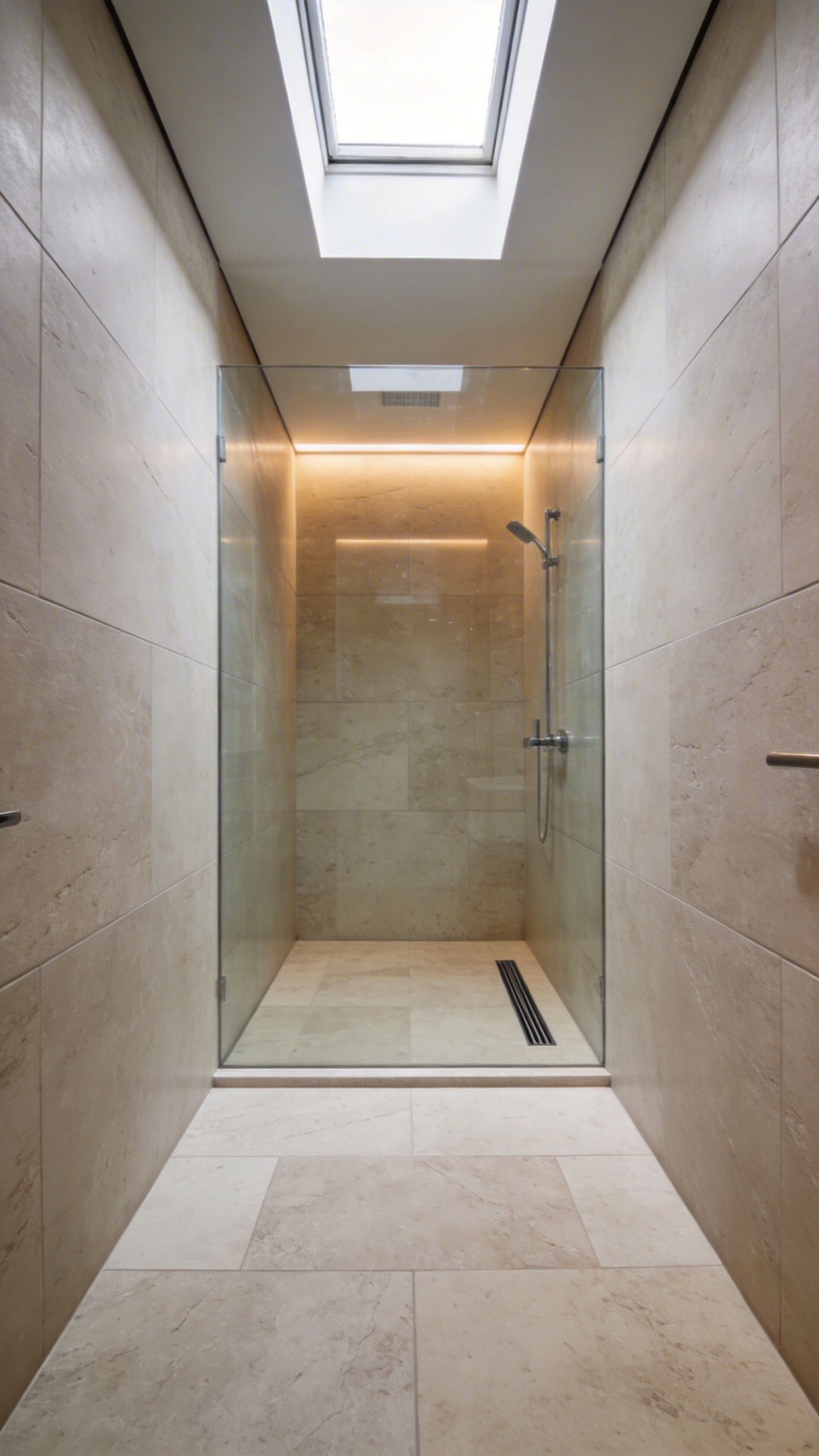 A modern small bathroom with continuous light stone flooring extending into a curbless walk-in shower to visually expand the space.