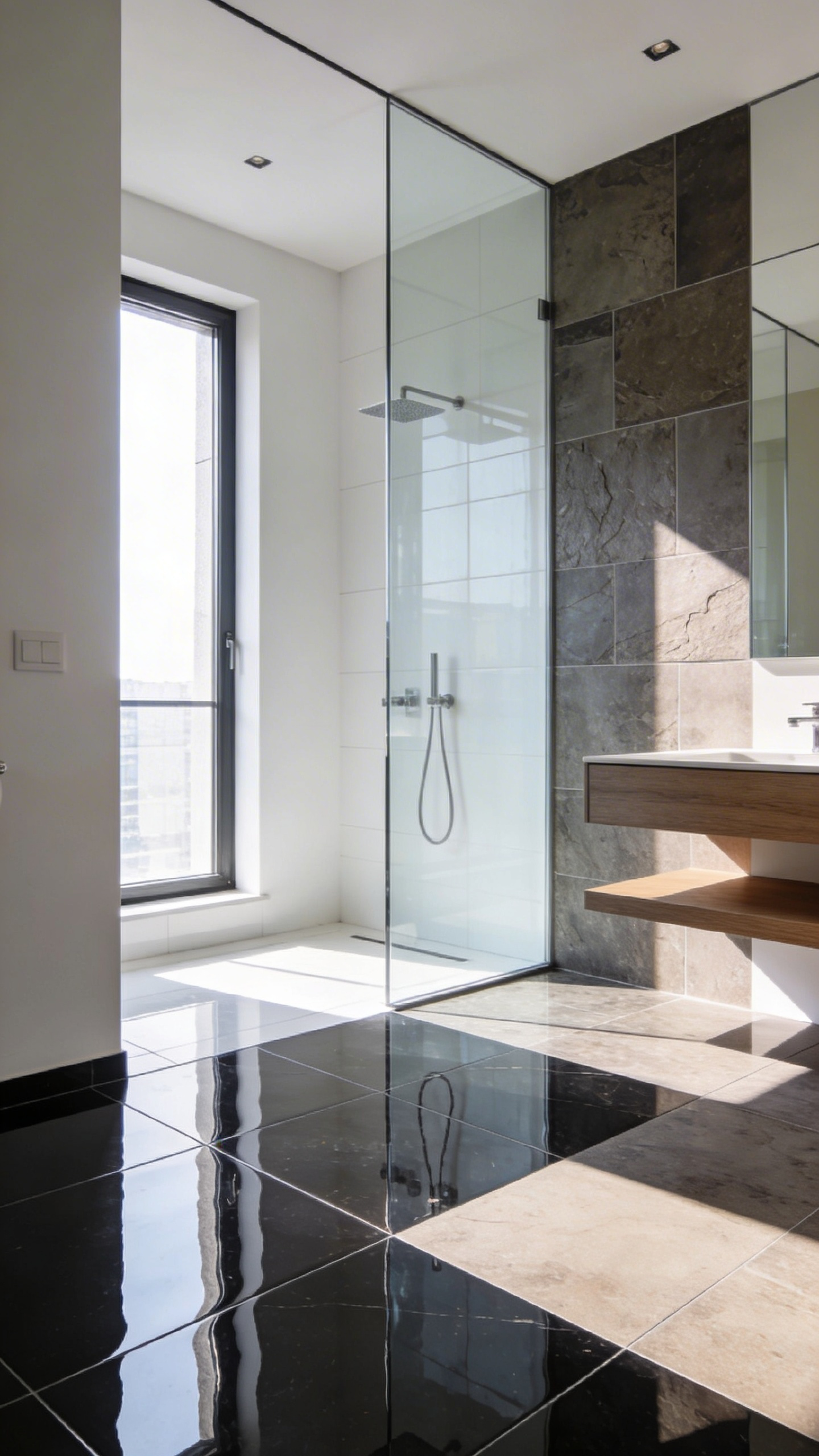A modern bathroom floor design featuring a comparison between high-gloss reflective tiles and slip-resistant matte stone flooring.