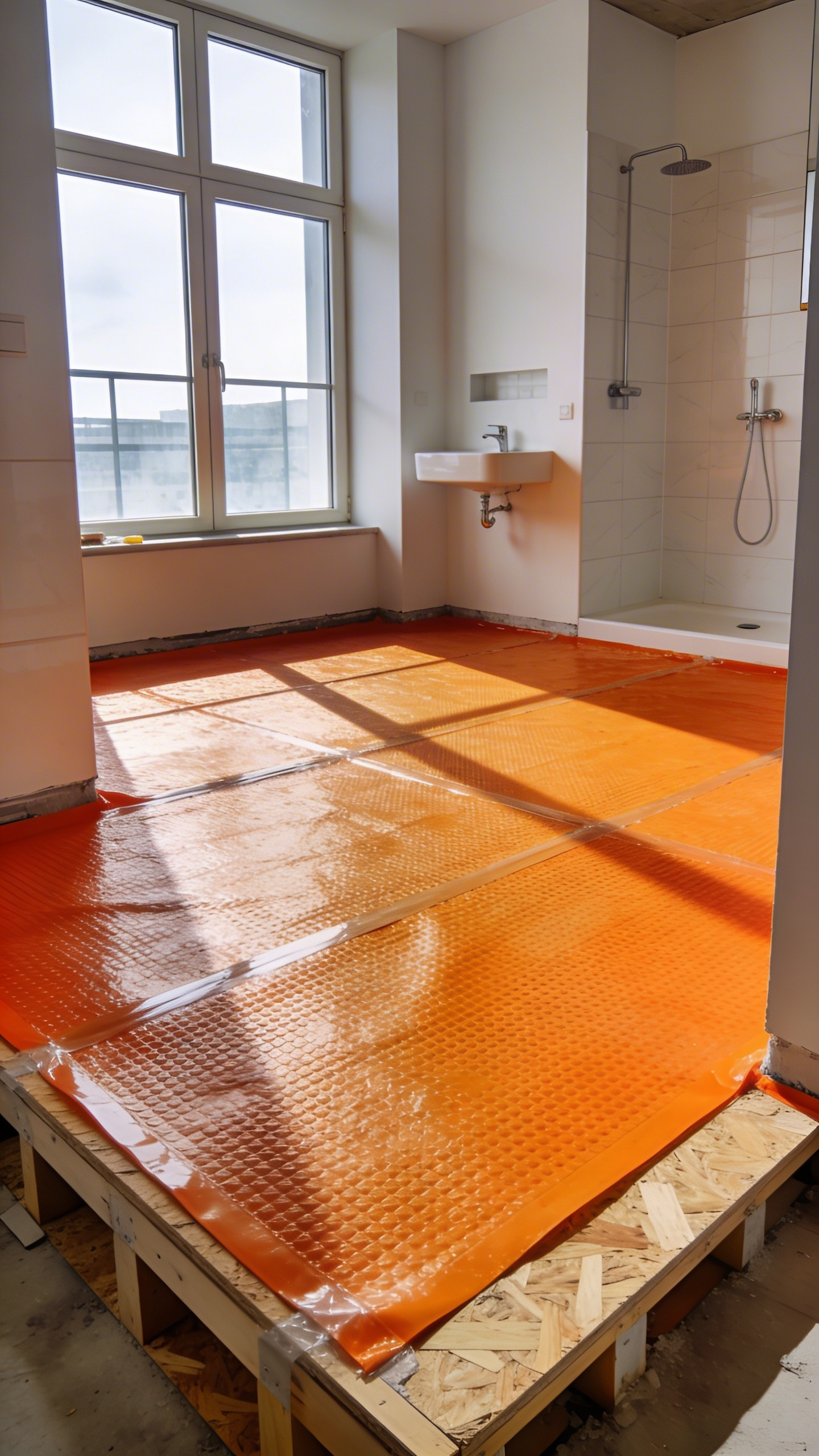 A comprehensive view of a bathroom renovation project showing the installation of a modern orange waterproofing membrane over the floor foundation.