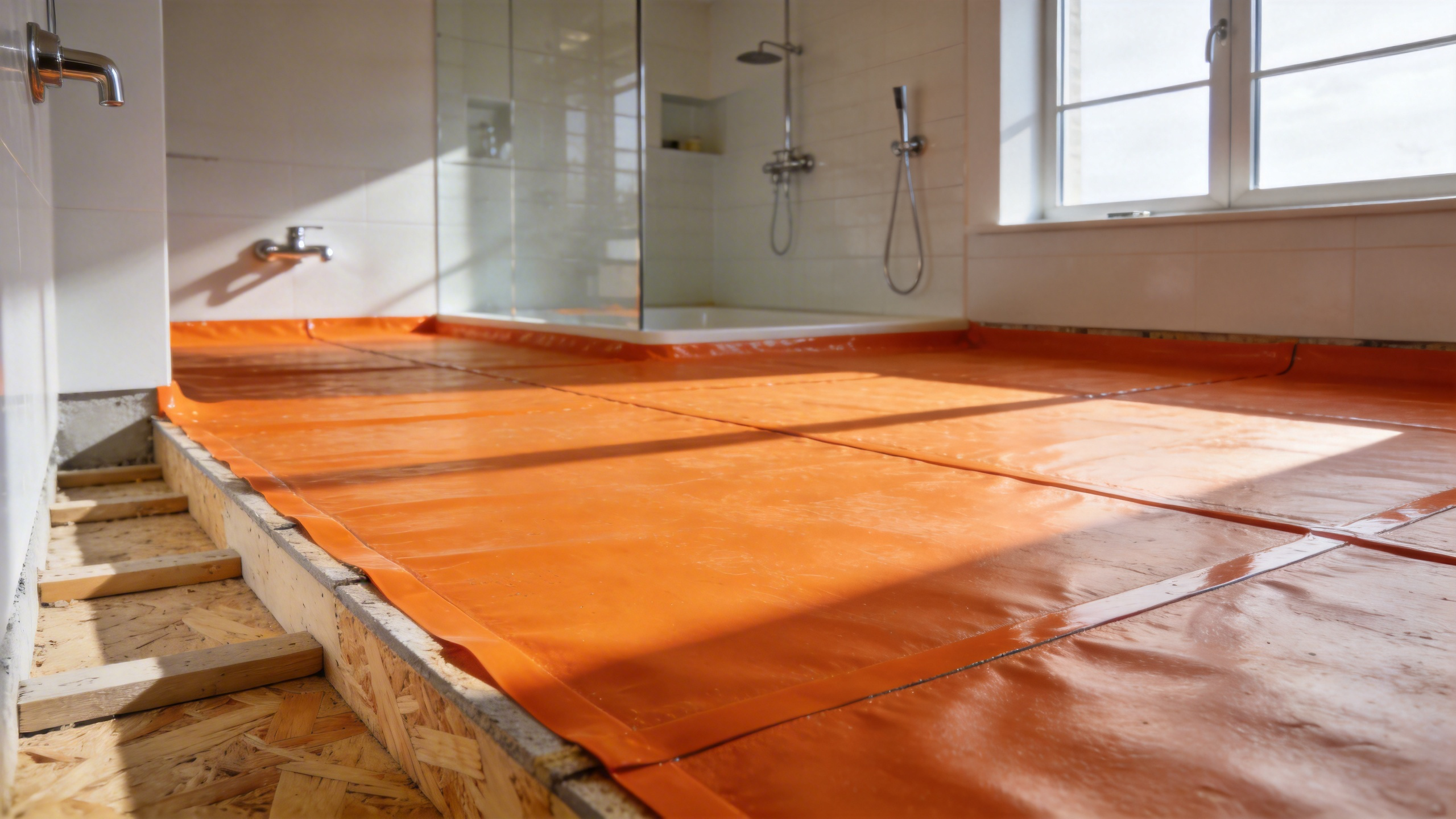 A comprehensive view of a bathroom renovation project showing the installation of a modern orange waterproofing membrane over the floor foundation.