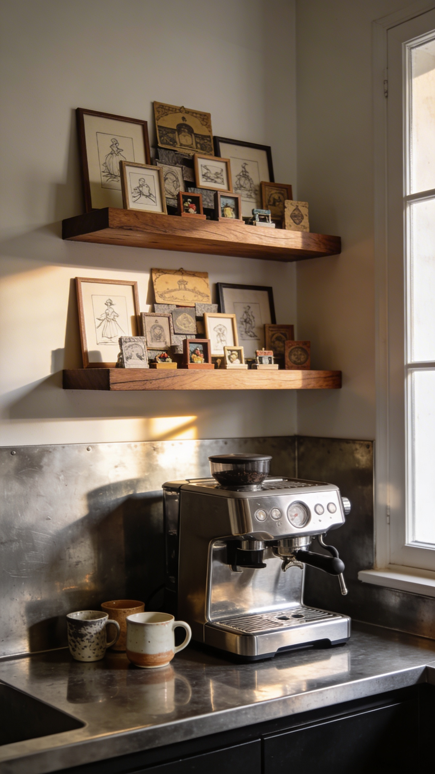 A modern home coffee bar featuring small-scale artwork layered on walnut floating ledges above a zinc countertop.