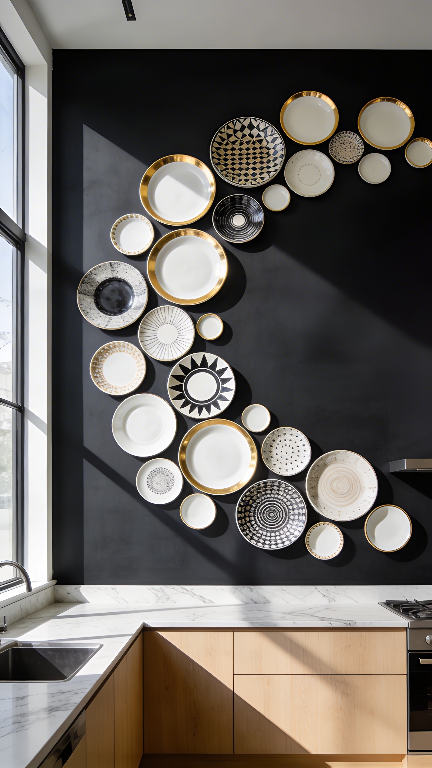 A modern kitchen wall decor display featuring an asymmetrical arrangement of mismatched ceramic plates in a spiraling pattern on a dark wall.