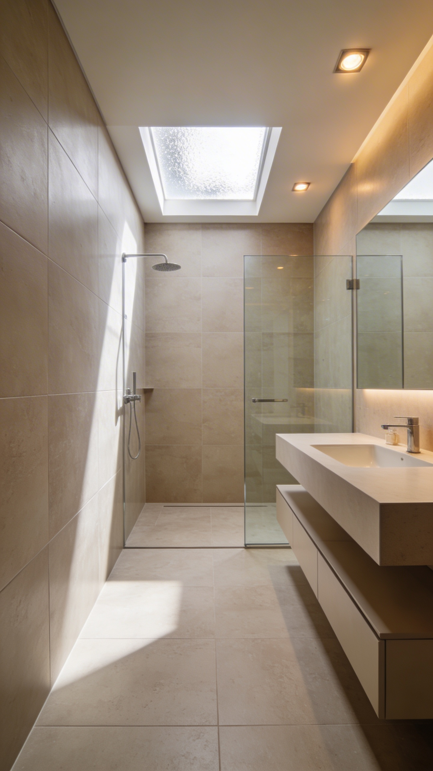 A small modern bathroom with matching taupe tiles on the walls and floor to create a seamless and spacious monolithic design.