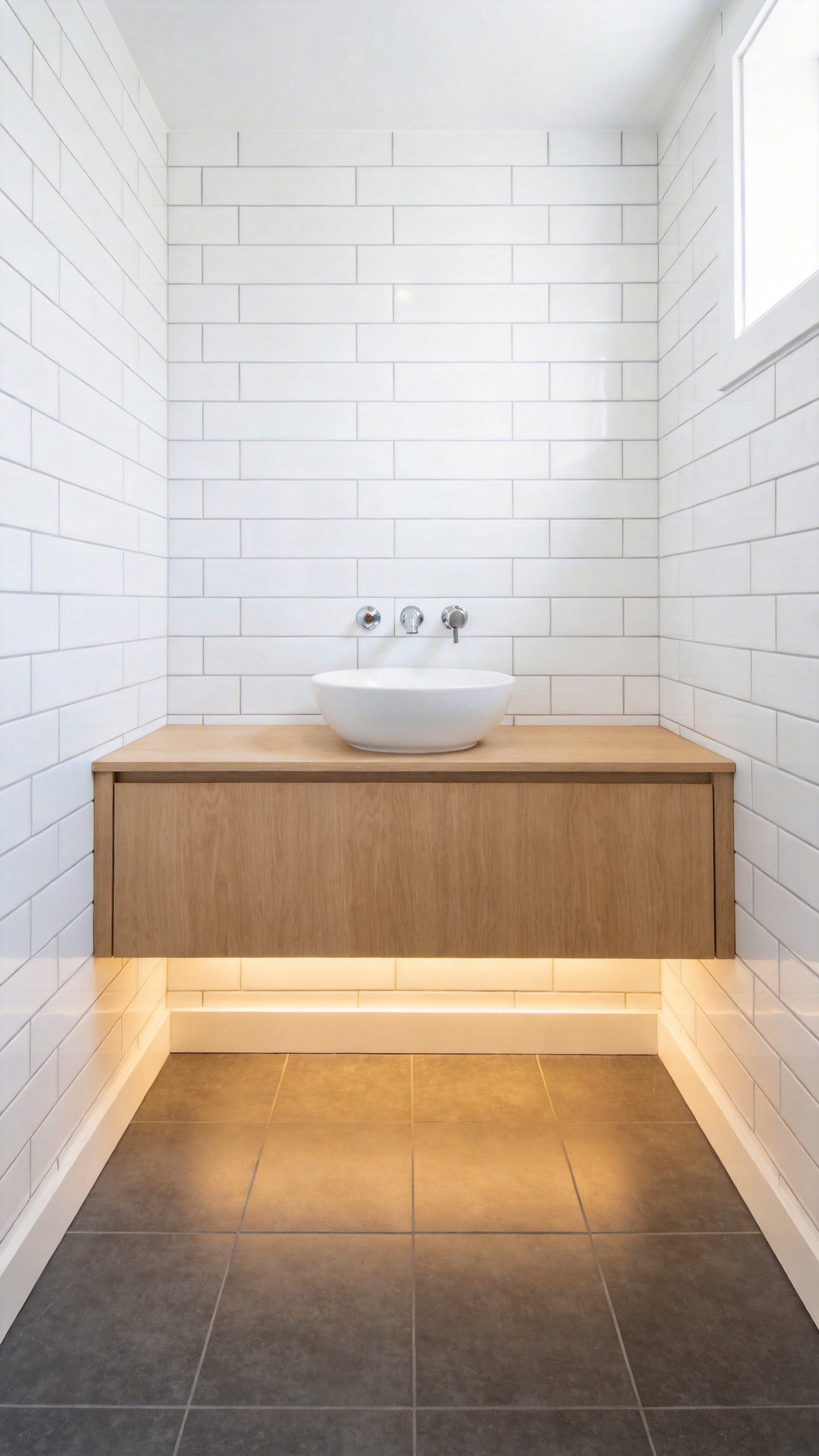 A modern small bathroom with a wooden floating vanity and continuous gray floor tiles that extend to the wall to create an illusion of more space.