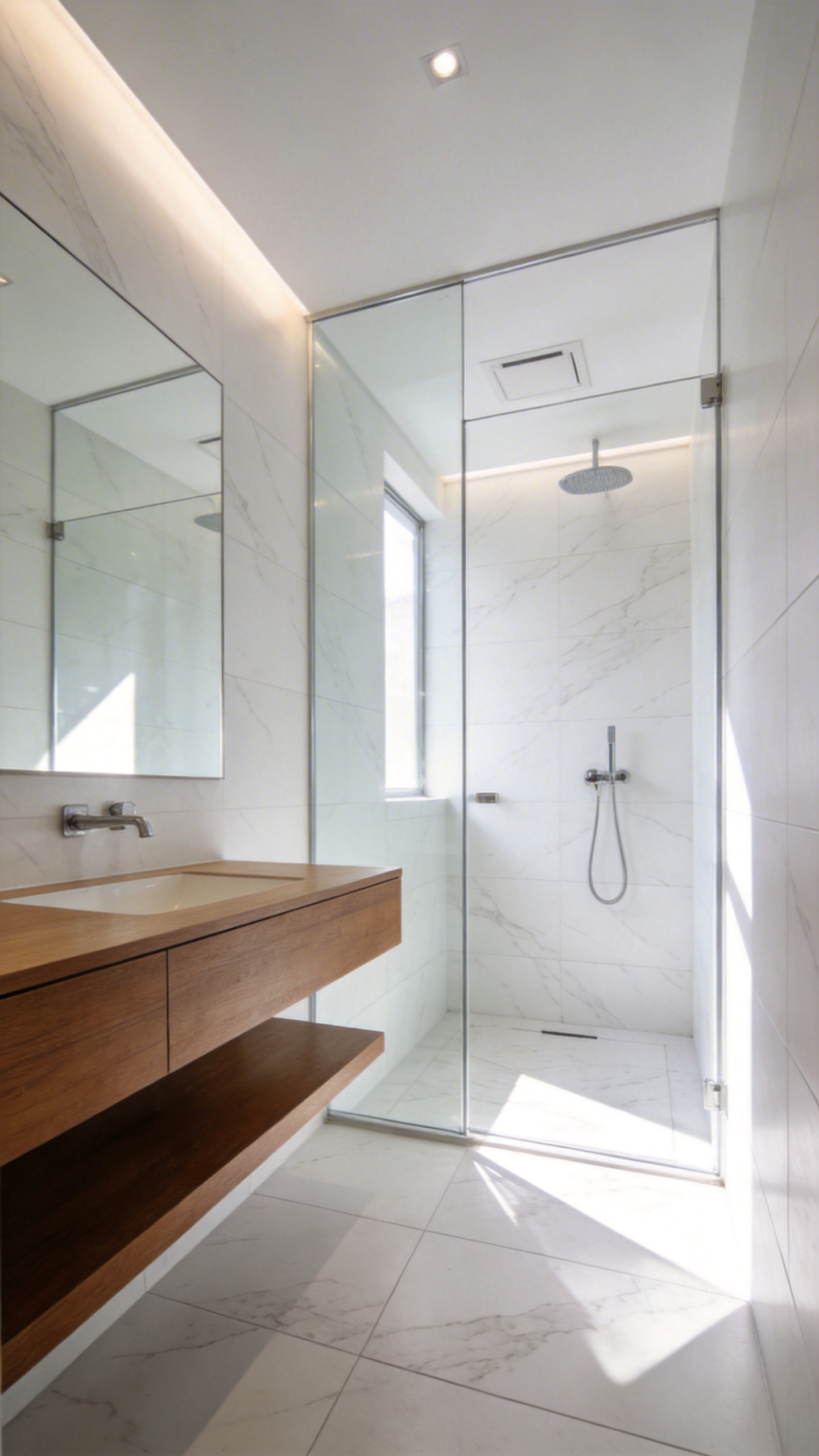 A bright small bathroom design featuring high-reflectance white paint that bounces natural light to create an expansive and airy feel.