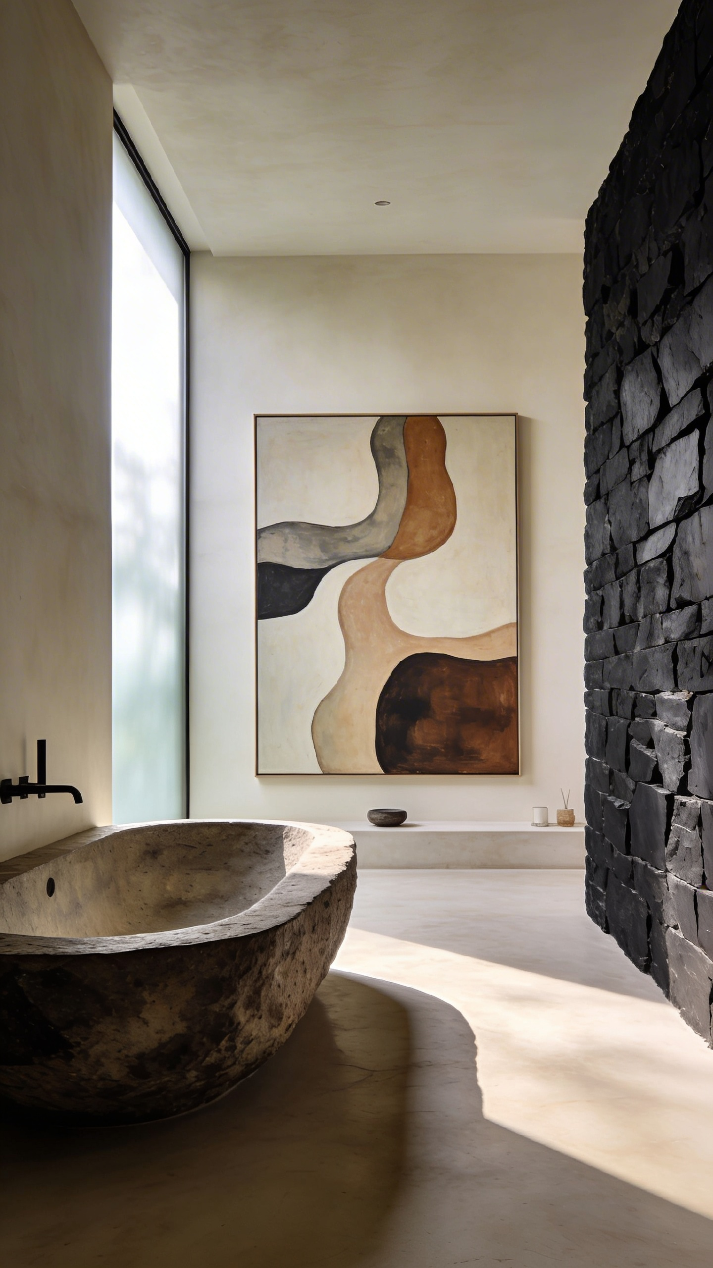 A minimalist luxury bathroom showcasing a large-scale abstract painting on a wide white wall surrounded by negative space and raw stone textures.
