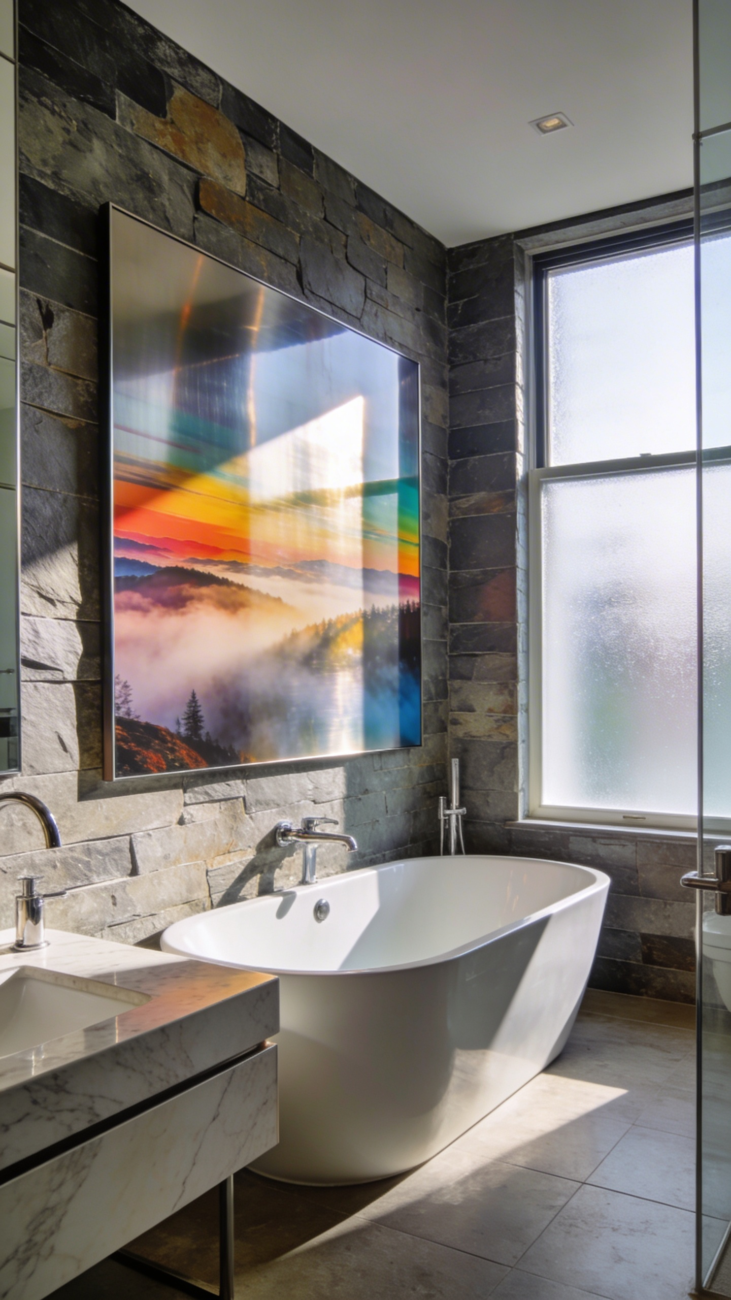 A modern luxury bathroom featuring a moisture-resistant metal art print hanging above a white soaking tub in a humid environment.