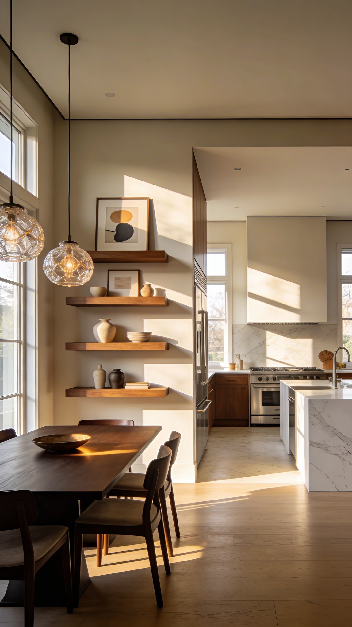 A modern architectural view of a transition wall with floating shelves and decor connecting a bright kitchen to a stylish dining area.