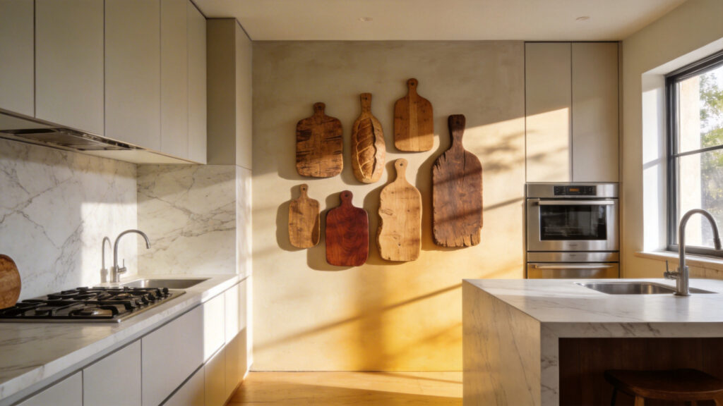 A bright open-concept kitchen featuring a display of rustic wooden breadboards on the wall to add warmth to the modern stone and cabinet surfaces.