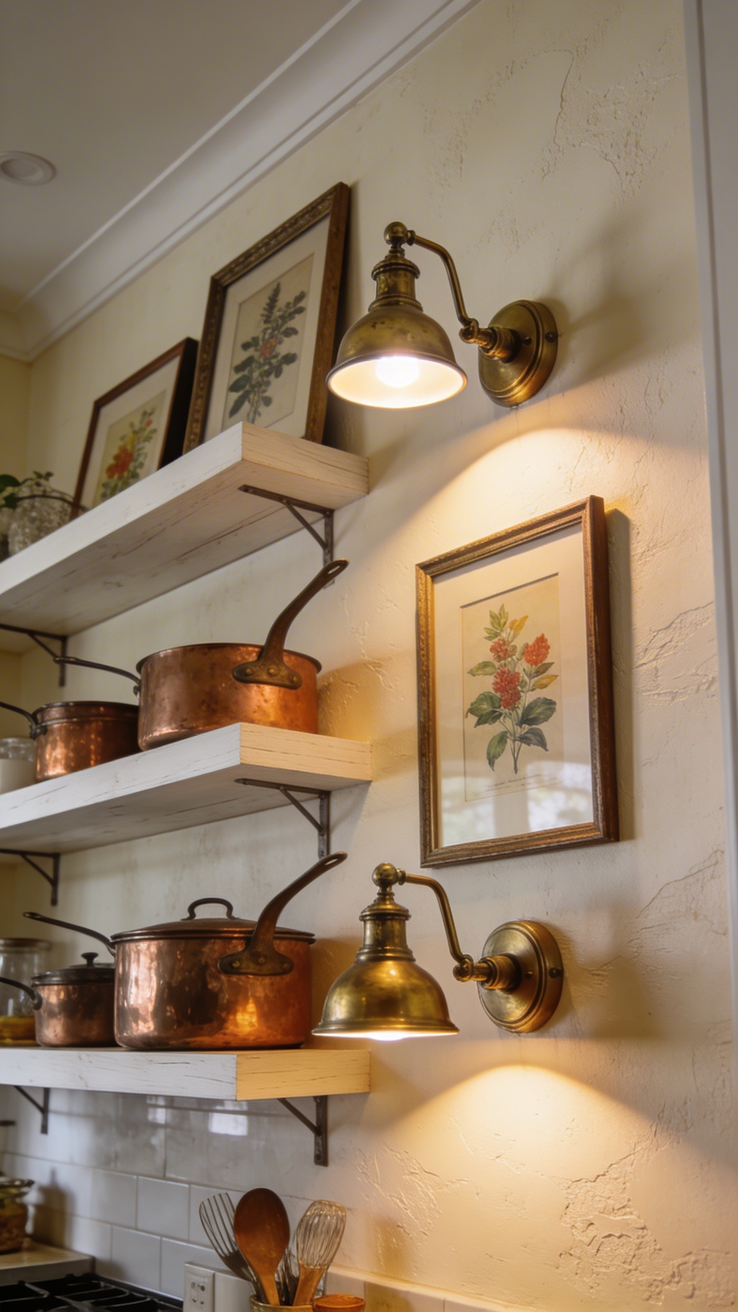Sophisticated kitchen wall decor featuring copper cookware and art highlighted by brass plug-in sconces on a neutral wall.