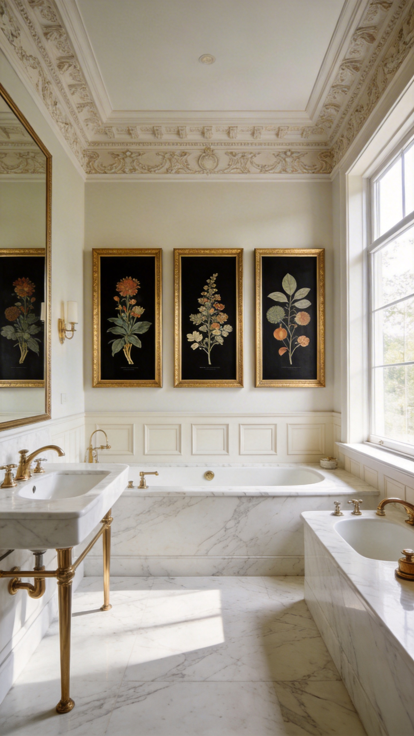 A high-end bathroom featuring marble walls and a display of three identical frames with seasonal botanical art prints.