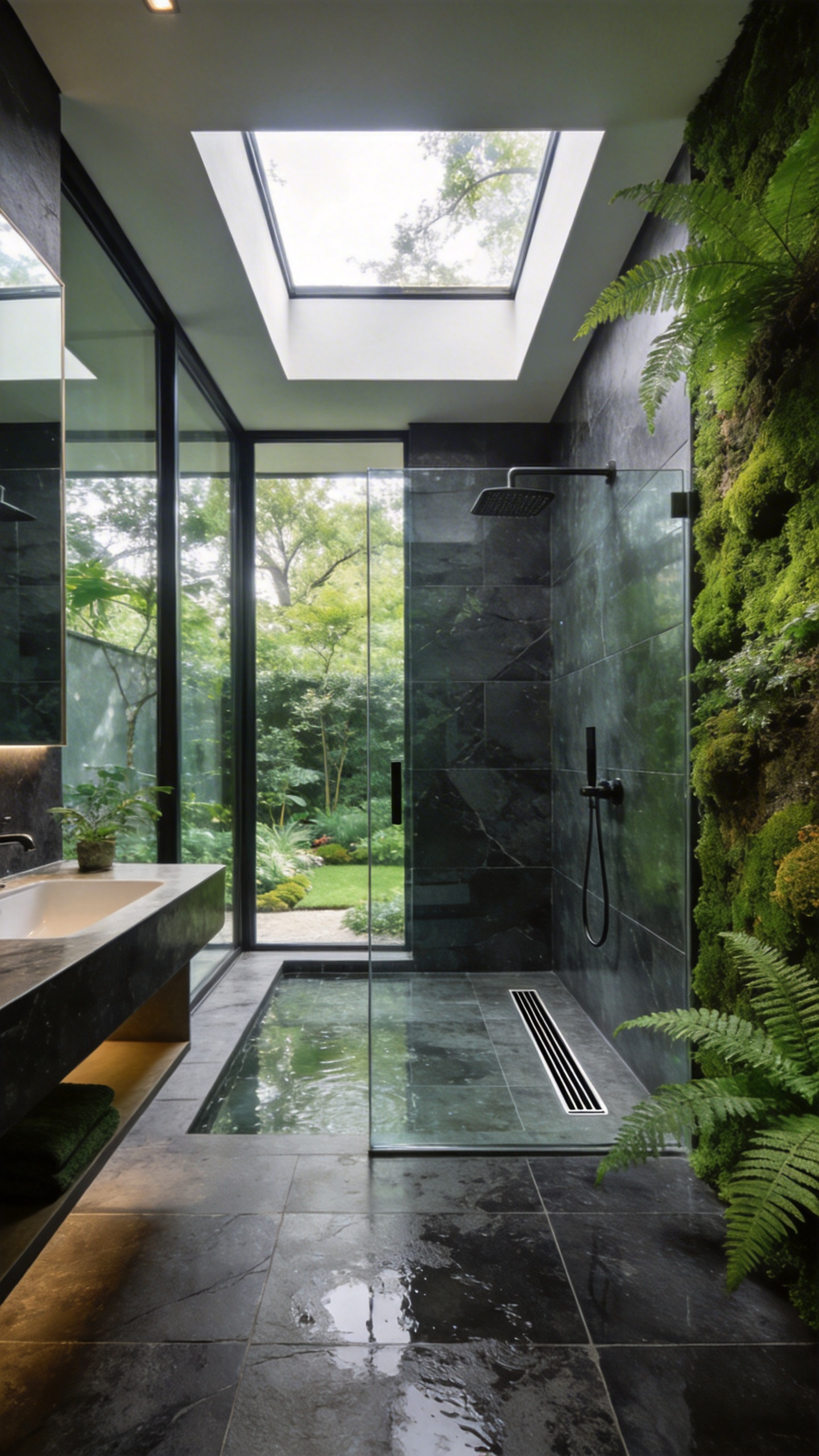 A high-end modern bathroom with continuous large-format stone flooring and a curbless shower integrated into a biophilic design with indoor plants.
