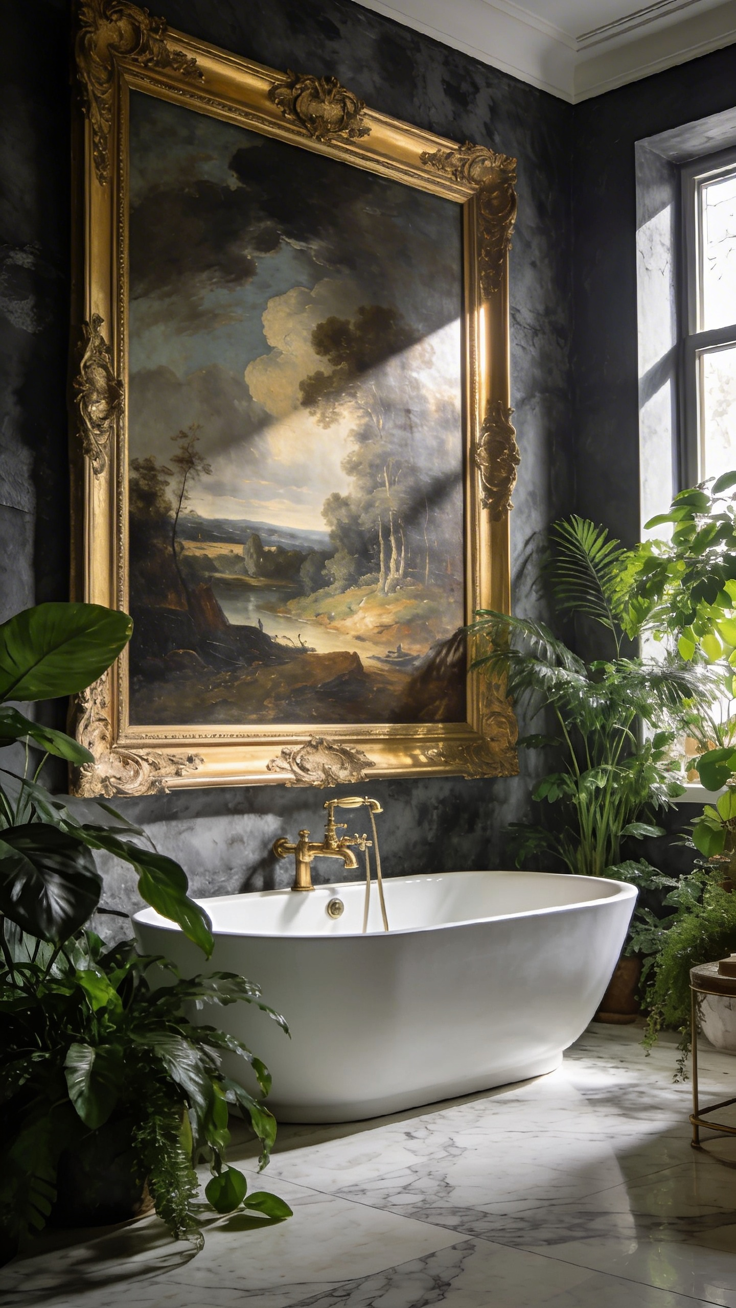 A framed Dutch landscape painting reproduction displayed in a humid bathroom setting with a white soaking tub and green plants.