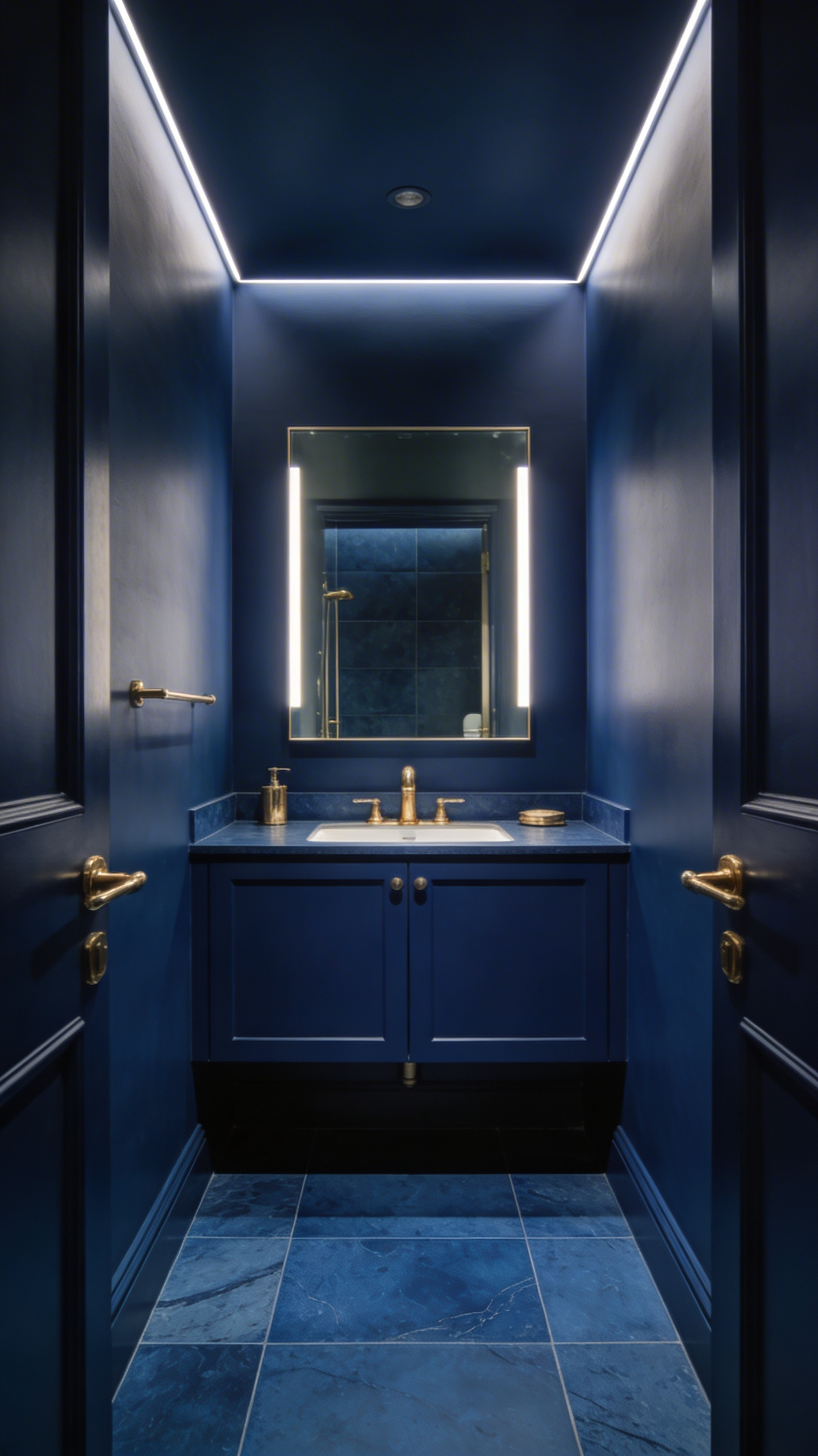 A small bathroom designed with a deep blue monochromatic color drenching technique on the walls and ceiling.