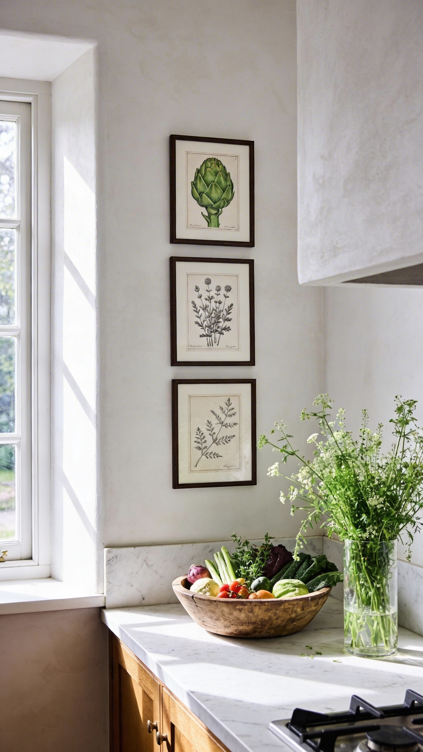 A bright kitchen interior featuring small framed botanical art prints on the wall above a marble countertop with fresh seasonal vegetables.