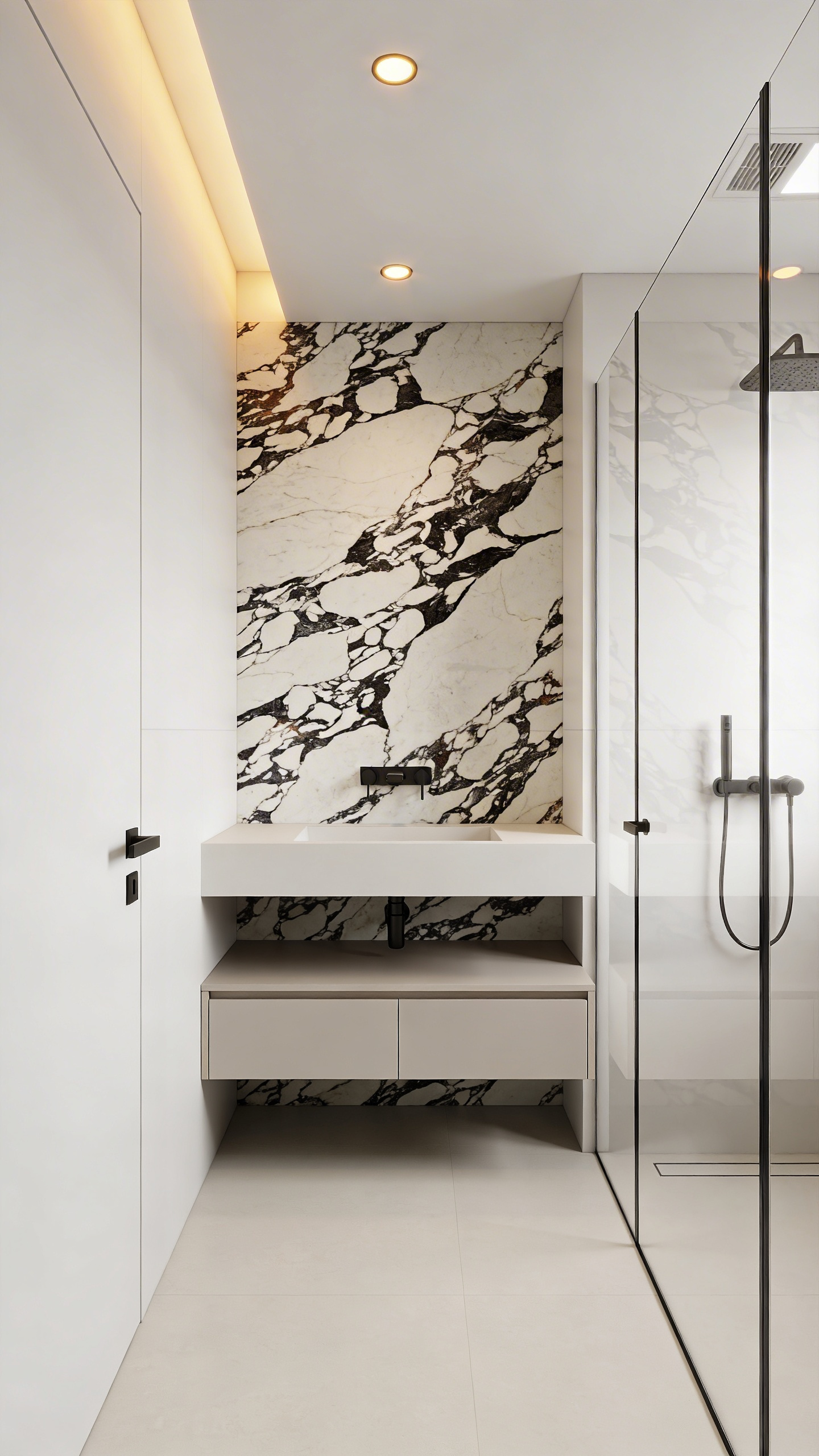 A small bathroom design featuring a large veined marble wall as a central focal point to create a sense of order.